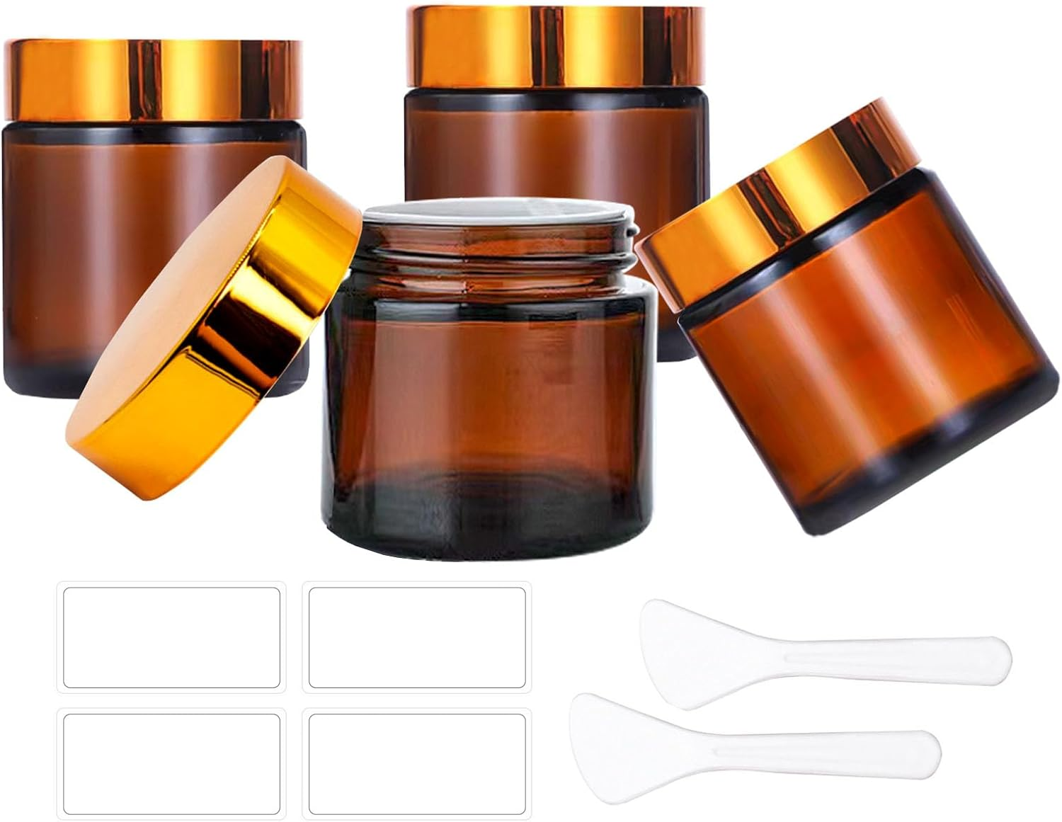 BEGIKET 4 Pack 2 Oz Amber Glass Jars with Lids，60Ml Empty round Glass Jar with Inner Liners and Black Lids,Cosmetic Containers for Storing Cream,Ointments,Lotion (Amber - Black Lid)