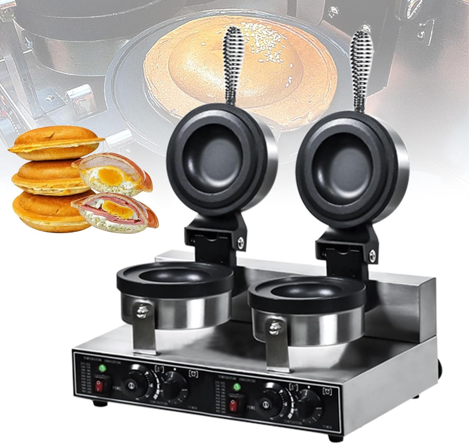 JUMEIYP Double-Head Burger Waffle Maker, Non-Stick Electric Panini Press Machine, Electric Heating Single Head Ice Cream Burger Machine, for Household or Commercial (A Style(Rotating))