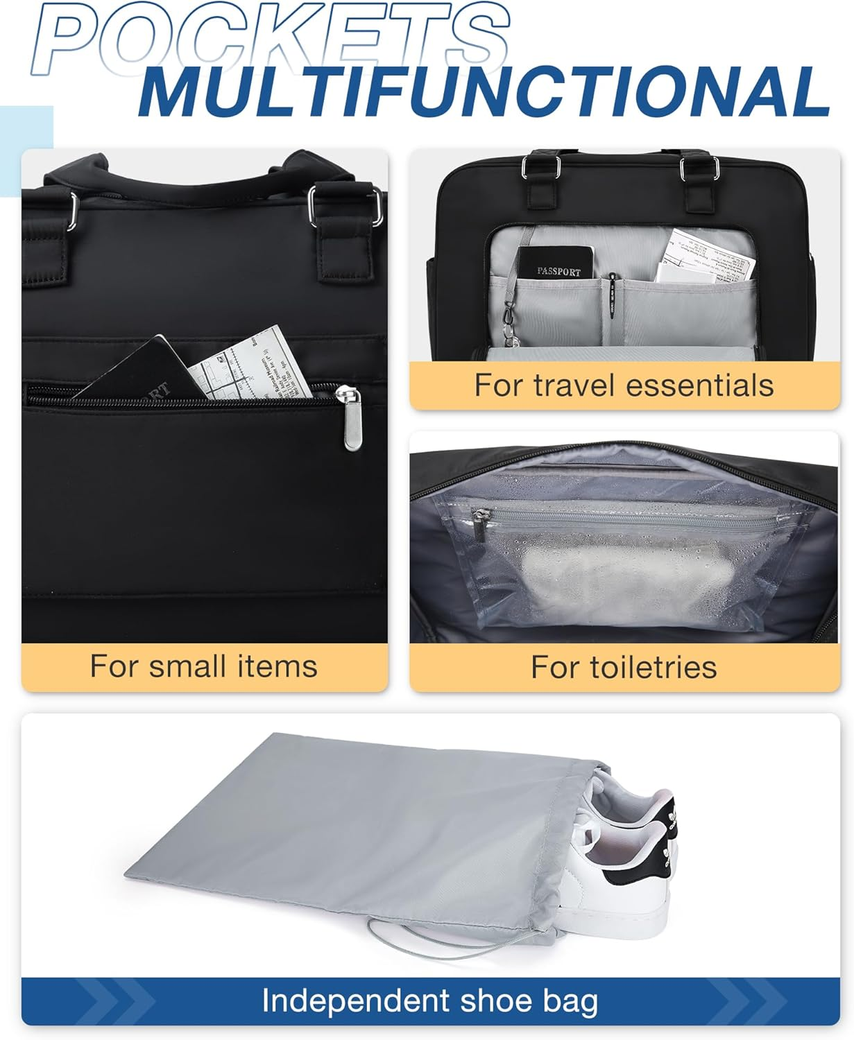 BAGSMART Weekender Bags for Women, Travel Duffle Overnight Bag Personal Item Bag with Shoe Bag for Travel Essentials - 2-Black image number 3