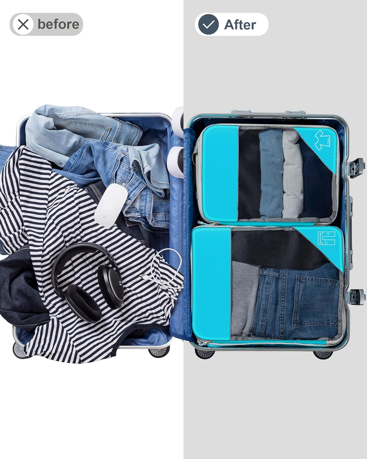 6 Set Ultralight Compression Packing Cubes, Travel Packing Cubes with Shoe Bag, Mesh Luggage Organisers Suitcase Accessories for Camp Travel Essentials Blue image number 6