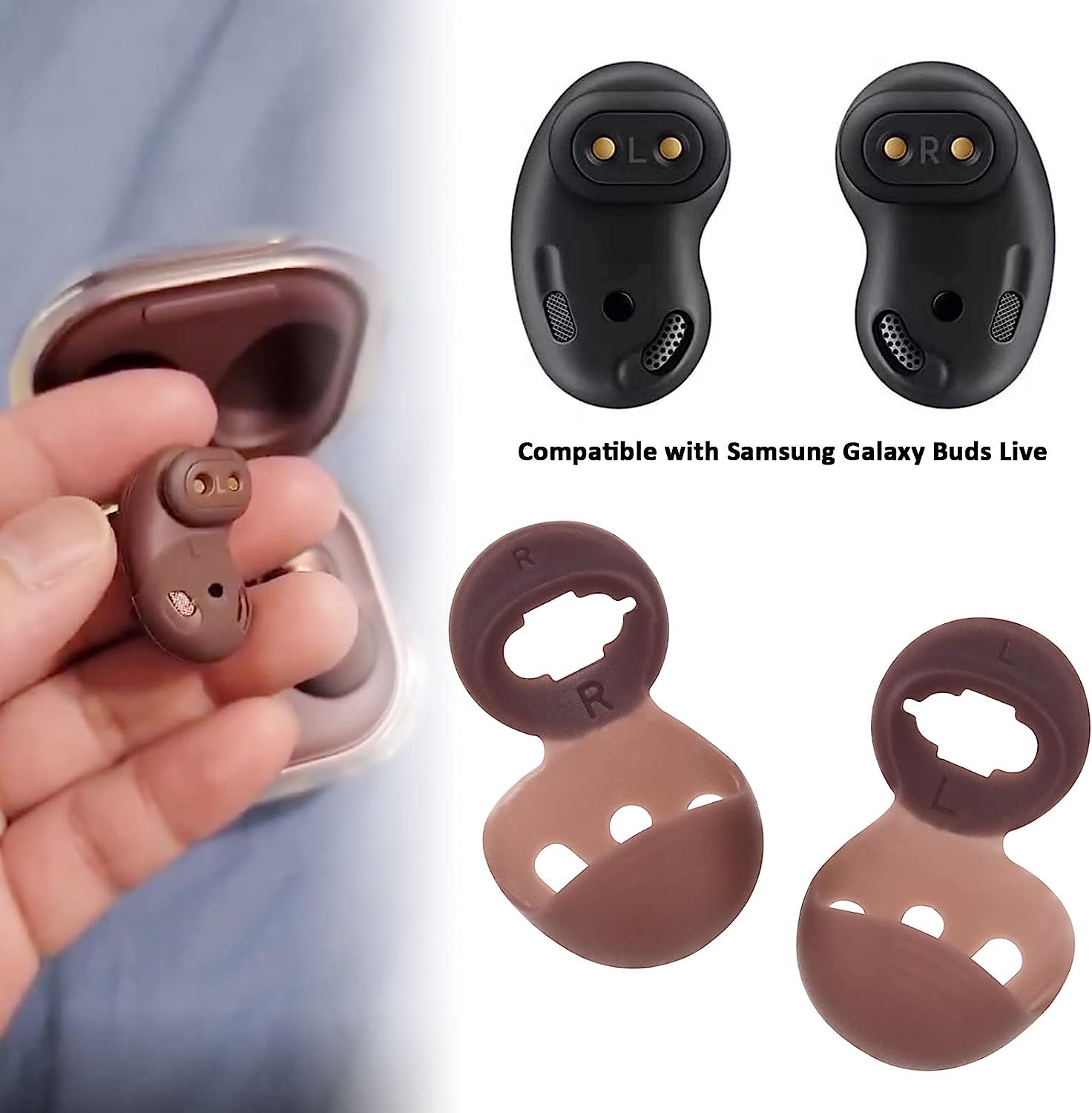 Emagtech 8 Pairs Ear Tips Compatible with Samsung Galaxy Buds Live Earphones Anti-Slip Silicone Earbud Cover (Black White Brown Red 4 Pairs Size L & 4 Pairs Size S) image number 6