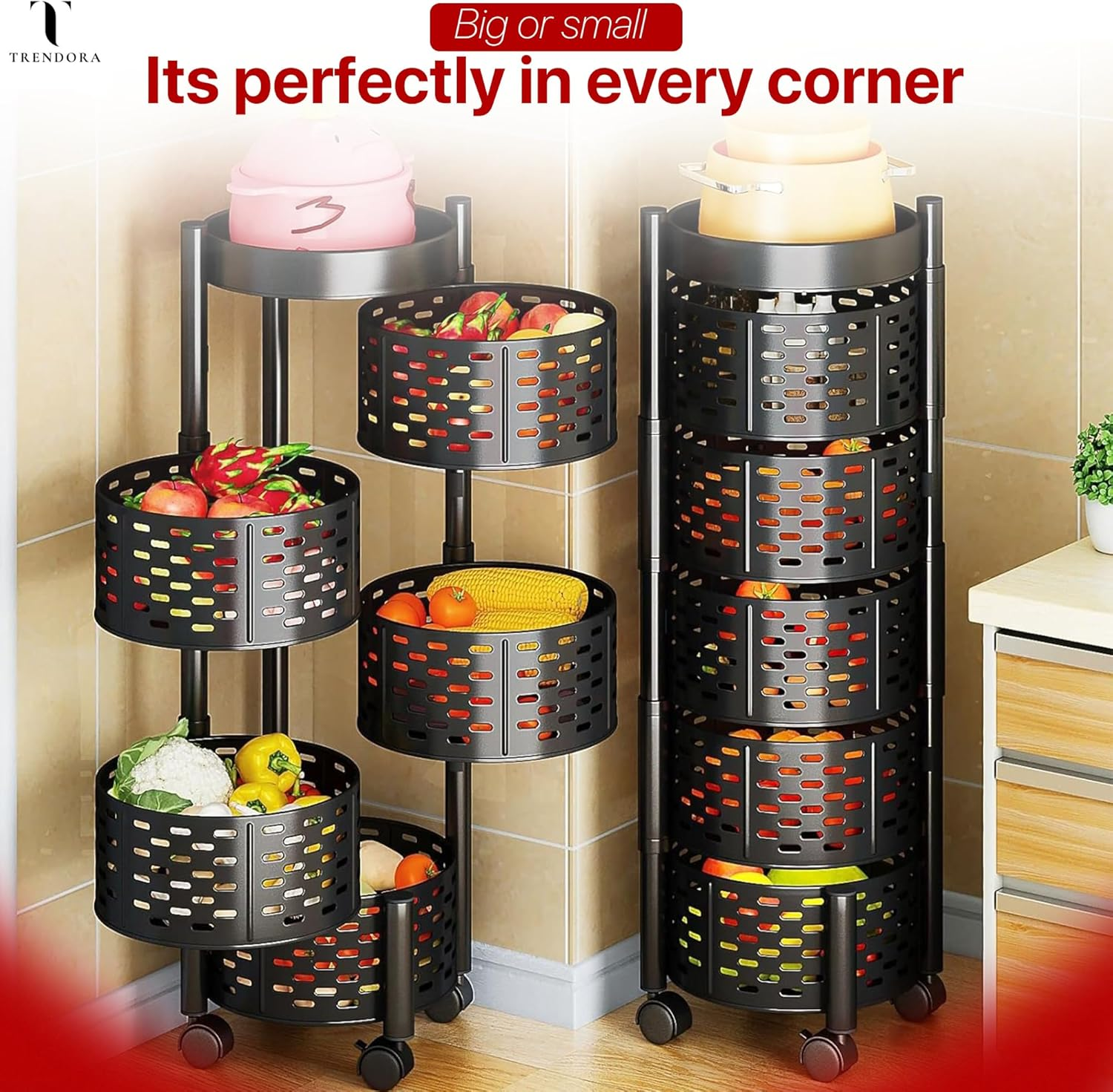 TRENDORA - 5-Layer Kitchen Storage Rack &ndash; Heavy-Duty Carbon Steel Organizer Shelf | Multi-Tier Freestanding Rack in Black| Durable, Space-Saving Design for Kitchen. image number 6