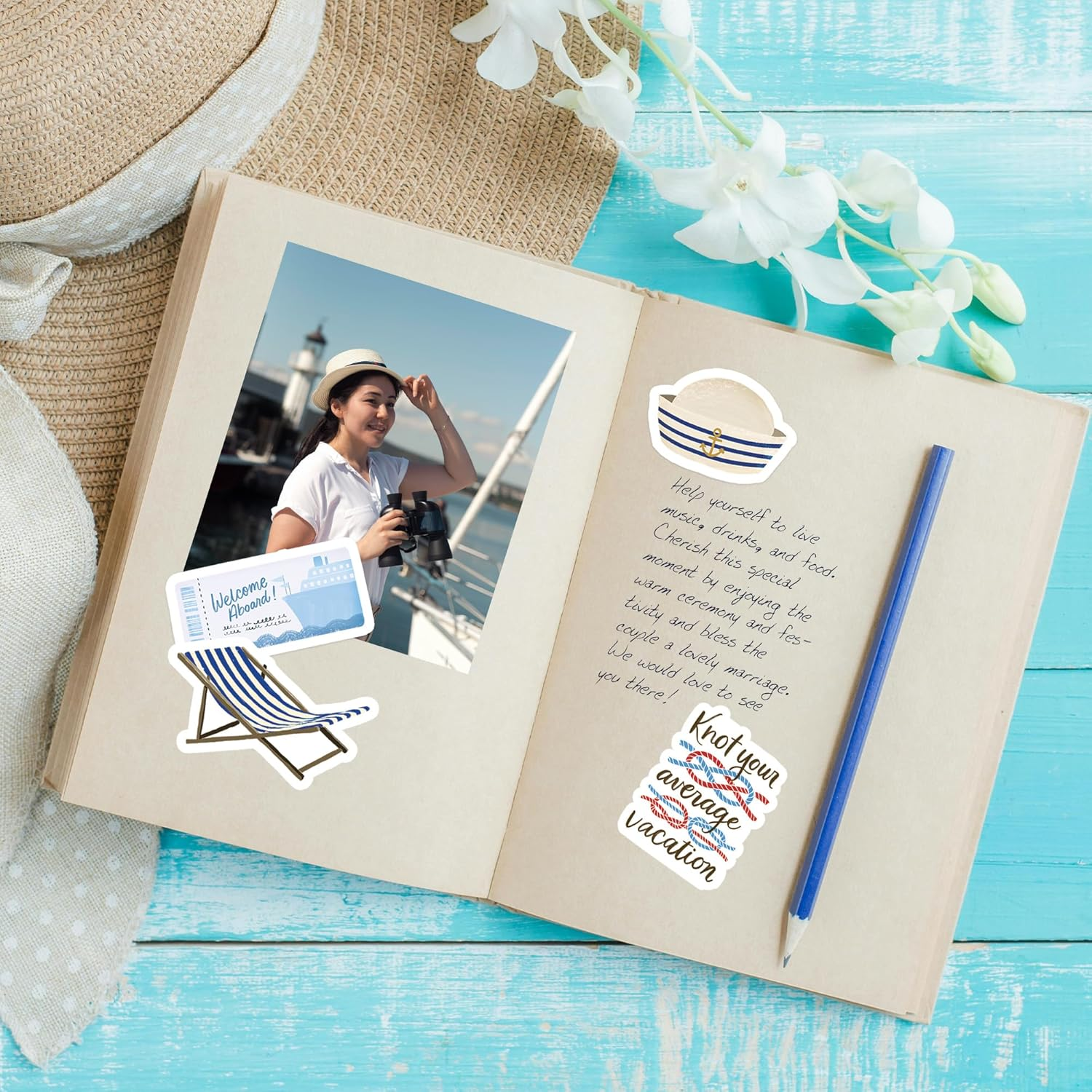 Navy Peony Relaxing Cruise Travel Stickers (30Pcs) - Watercolor, Waterproof Cruise Ship Decals for Journals, Scrapbooks, Water Bottle, Suitcase image number 6