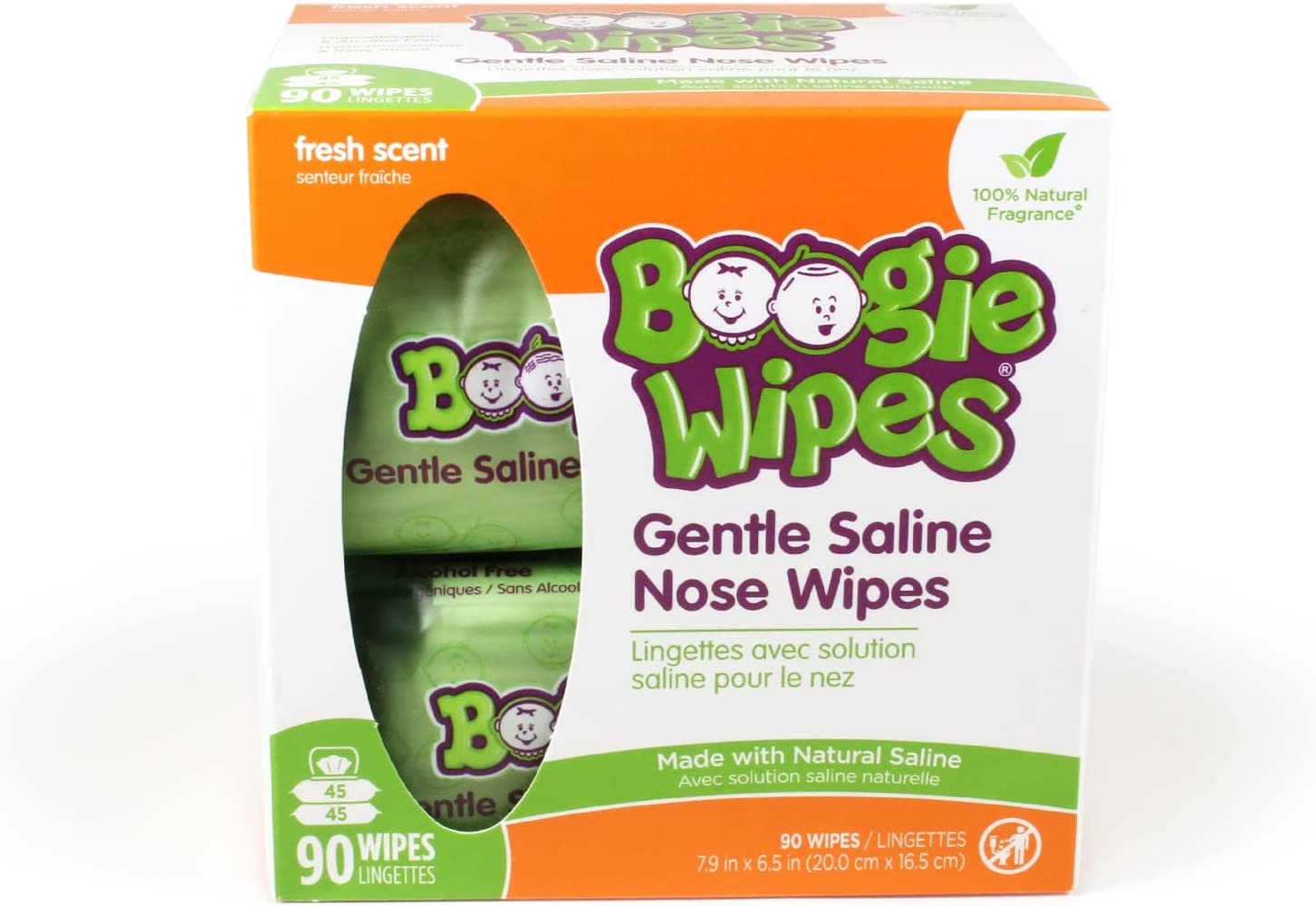 Saline Nose Wipes by Boogie, for Baby & Kids, Face, Hand & Body, FSA/HSA Eligible, Made with Vitamin E, Aloe, and Natural Saline, Fresh Scent, 45 Count (Pack of 2) image number 1