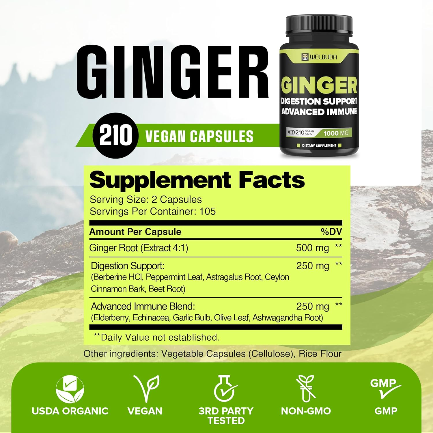 1000Mg Ginger Supplements Capsules with Berberine Hcl, Elderberry, Echinacea & More - 11In1 Support Digestion, Joint Health, Immune System, and Heart Health - 210 Ginger Pills image number 2