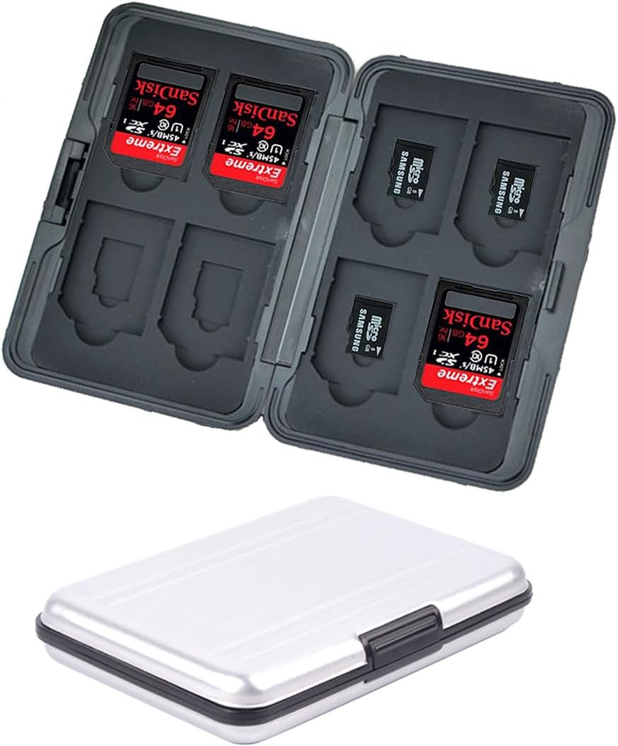 16 Slots Memory Card Holder, Shock Resistant Portable Aluminum Alloy Hard Shell TF Memory Card Holder Organizer Case Storage for 8 SD Cards and 8 TF Cards, Silver image number 4