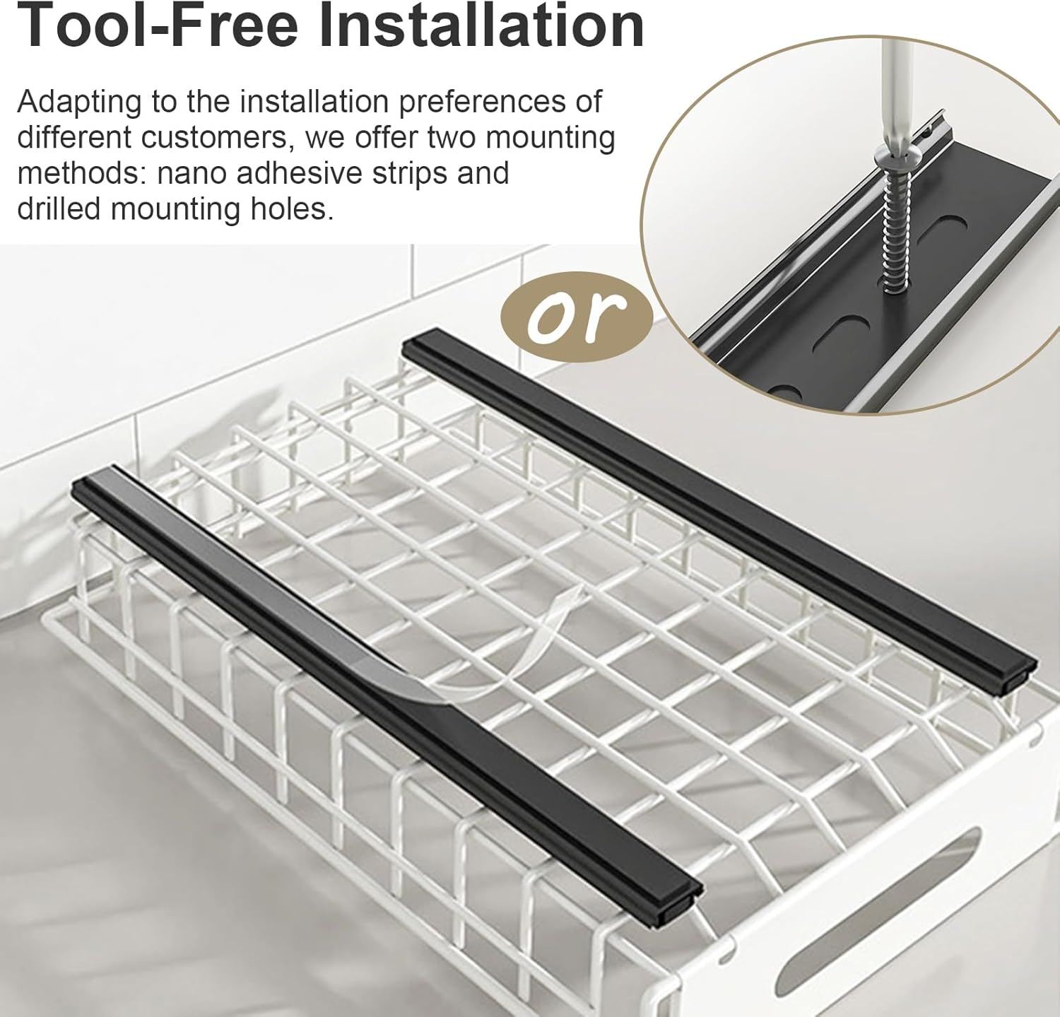 2-Tier under Sink Organizer and Storage, Adhesive Pull Out Cabinet Organizer, Peel and Stick Slide Out Drawer Shelf, Multi-Purpose Metal under Sink Storage Rack for Kitchen, Pantry, Bathroom (White) - Black image number 4