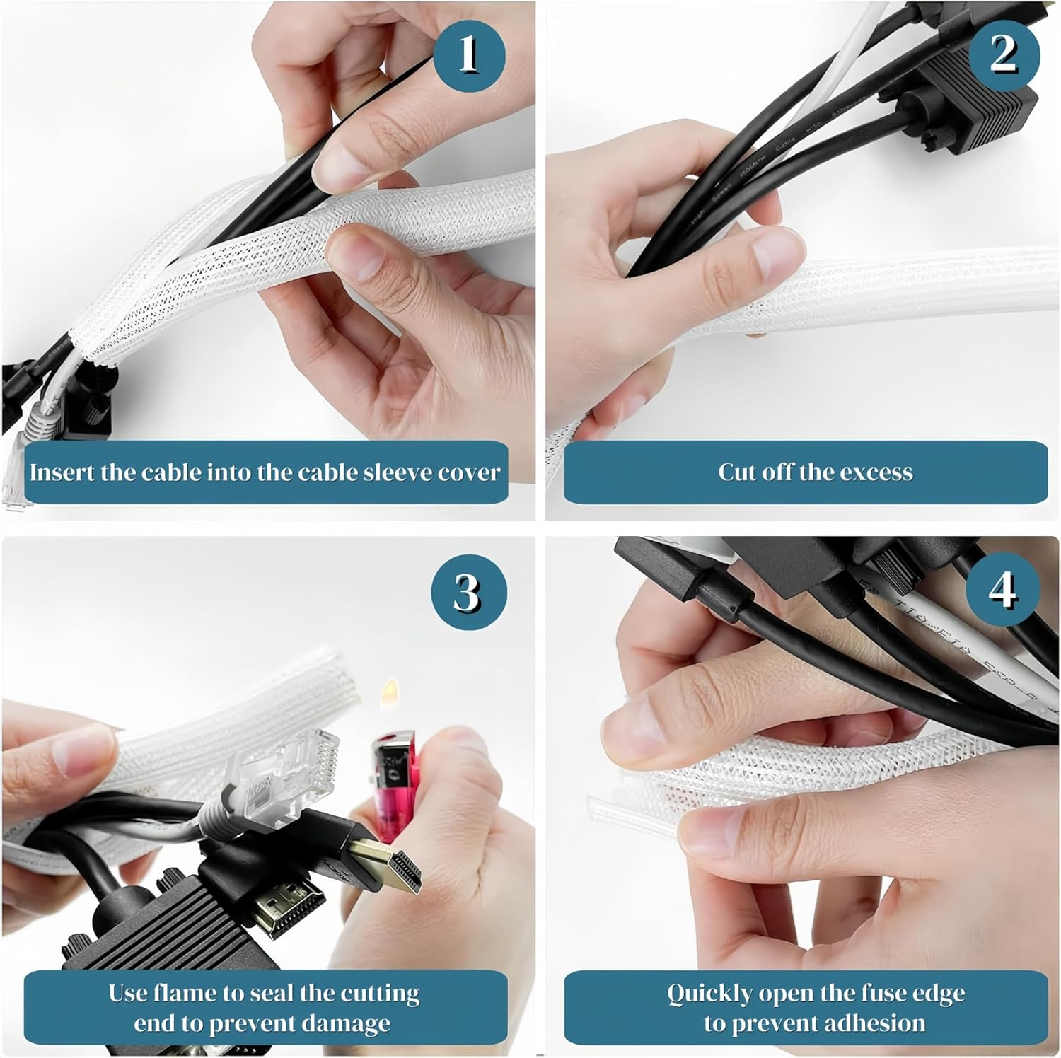 Fiabgum 20Ft - 1/2 Inch Cord Protector, Braided Cable Sleeve, Split Wire Loom Tubing, Cord Wrap Organizer for Computer，Protect Cat from Chewing-White image number 4