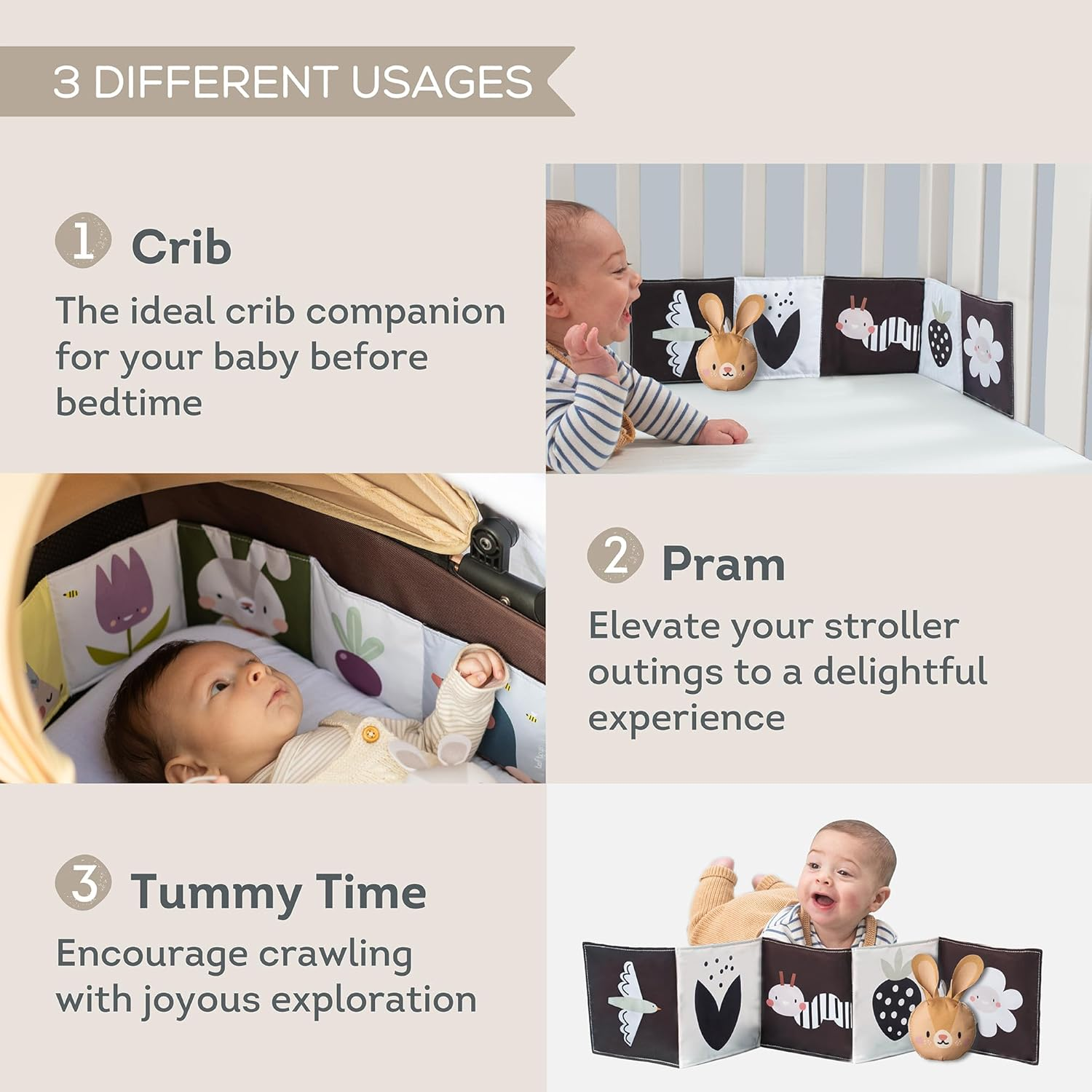 Taf Toys Bunny Pram Book & Toy Set | High Contrast Black & White Infant Visual Stimulation | Soft Fabric for Newborn Cognitive Development | Baby Essential Montessori Toy for 0-6 Months image number 4