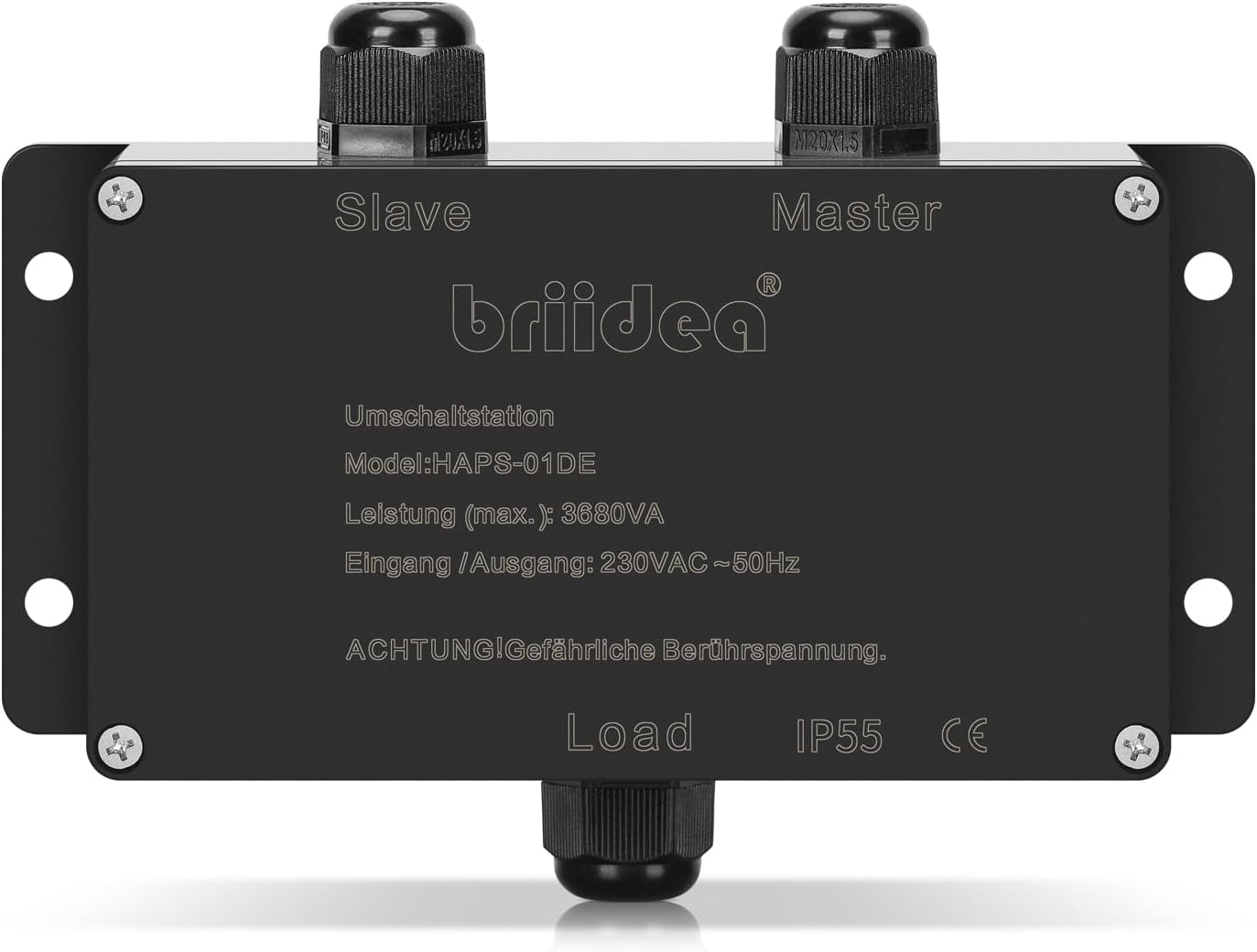 HAPS-01DE-B Switching Station for Mains Priority Switching Briidea Mains Priority Switch Motorhome 16 a 230 V, Switching Station 16 a for Camping Shore Power Inverter, Car, Boat, Outdoor, Solar, Black