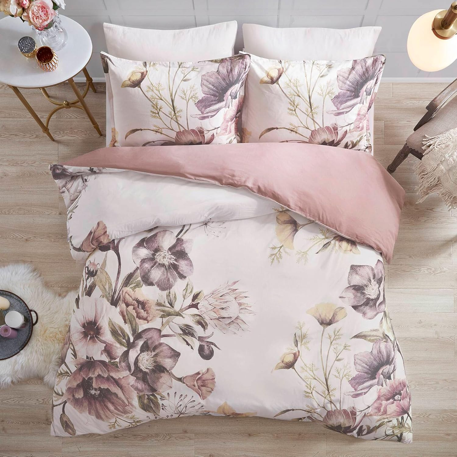 Madison Park Cotton Blend Duvet Set Beautiful Floral Design, All Season, Breathable Comforter Cover Bedding Set, Matching Shams, King/Cal King(104"X92"), Blush 3 Piece image number 5
