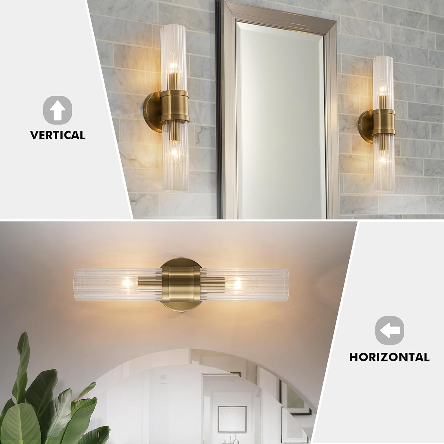 FTL Gold Vintage Wall Sconces Lighting, 2-Lights Wall Lights Indoor Wall Lamp with Clear Striped Glass Lampshade and E14 Bulb Socket, Wall-Mounted Wall Lamp Lighting Fixture for Bathroom,Bedroom,Porch image number 3