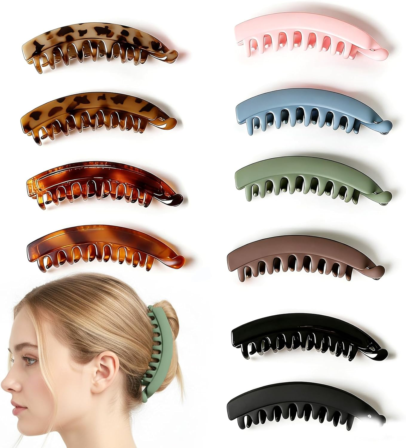 Nhgkju Set of 10 Banana Clips Hair Clips &ndash; 10 Colours (Black, Pink, Military Green and Much More) &ndash; 13 X 3 Cm Size &ndash; ABS Resin Material with Matte Elastic Varnish &ndash; Dense Scratches for Secure Hair image number 2