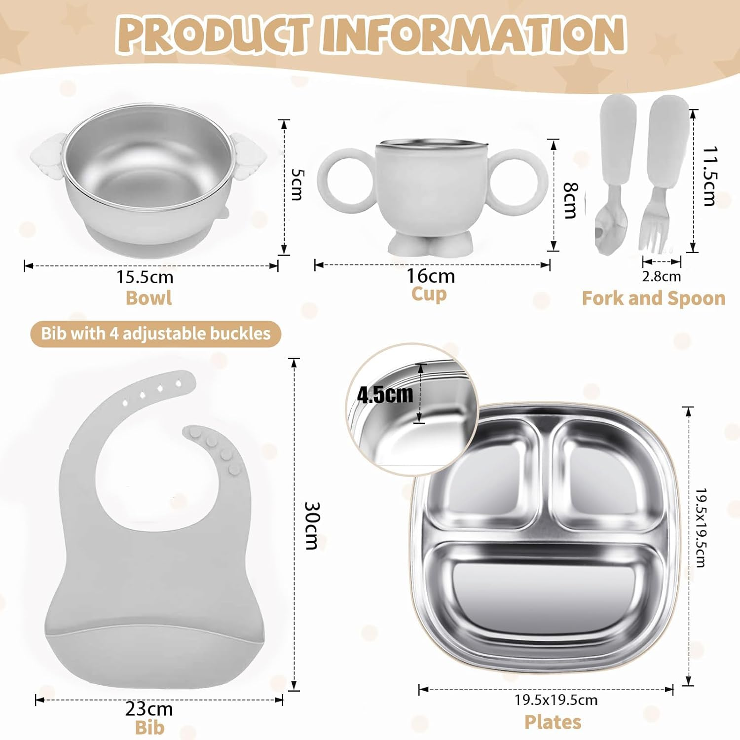 6 Pcs Stainless Steel Kids Plates and Bowls Set with Suction, Contain Deep-Divide Toddler Plates, Bowls, Cup, Utensils & Bib &ndash; Bpa-Free 304 Steel + Silicone Suction &ndash; Dishwasher Safe (Grey) ﻿ image number 5