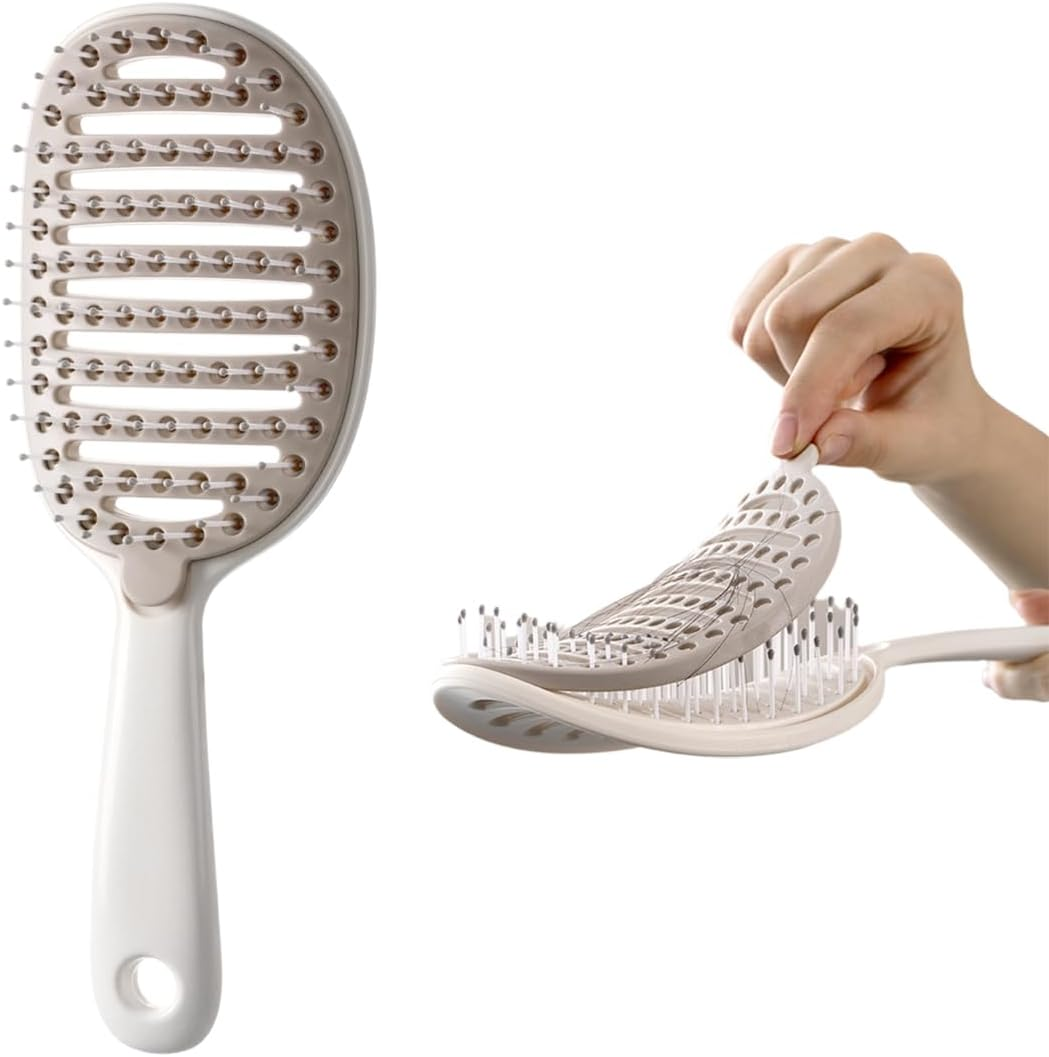 Self Cleaning Hair Brush, Easy Clean Detangling Brush, Curved Vented Detangler Brush for Faster Blow Drying for Women Men Kids, Wet & Dry Hair (White)