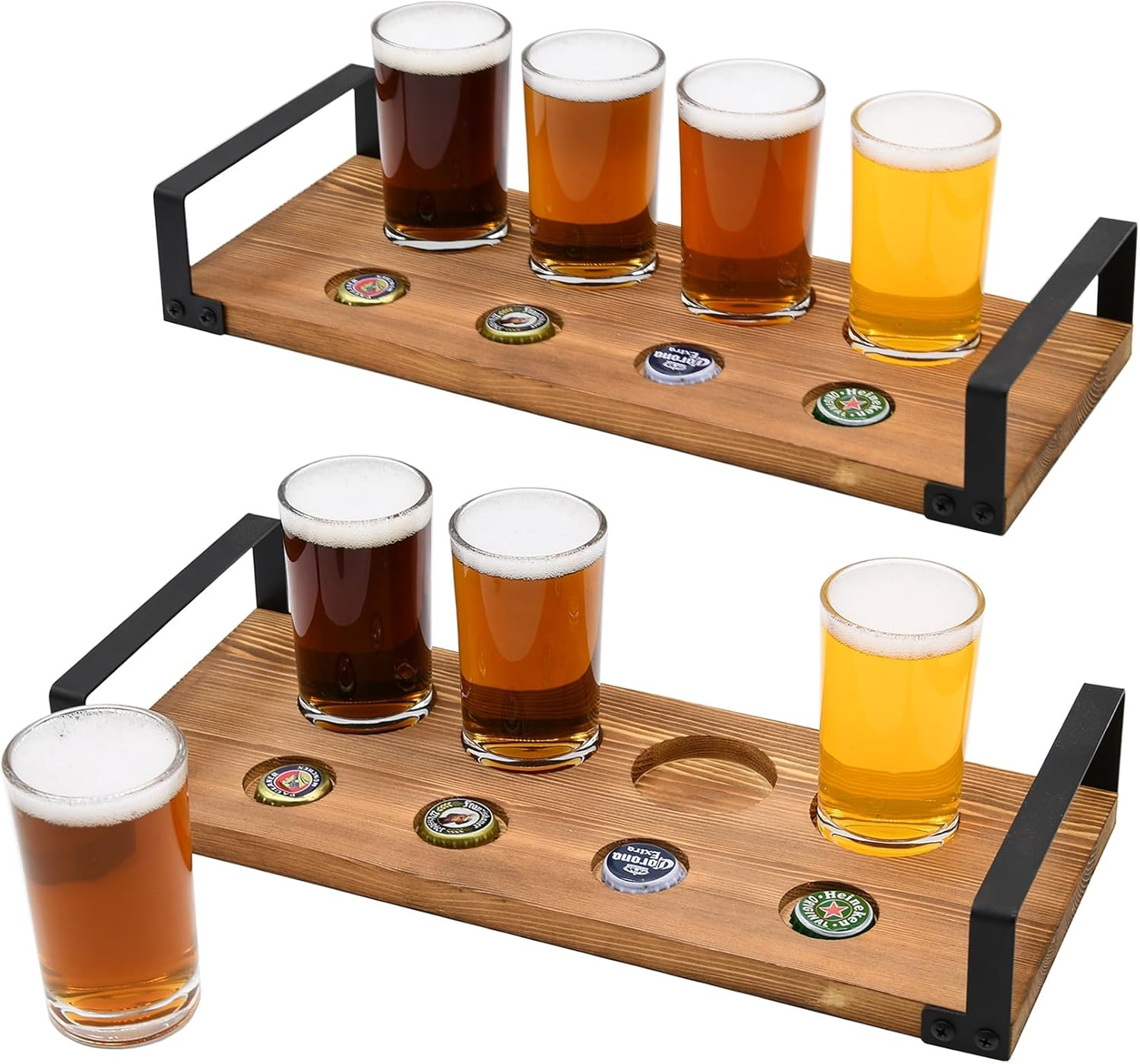 Owlgift Wood Craft Beer Flight W/Bottle Cap Storage Sampler Tray Holder Serving Set W/ 4 Glasses & Black Metal Handles &ndash; Dark Brown, Set of 2 image number 3