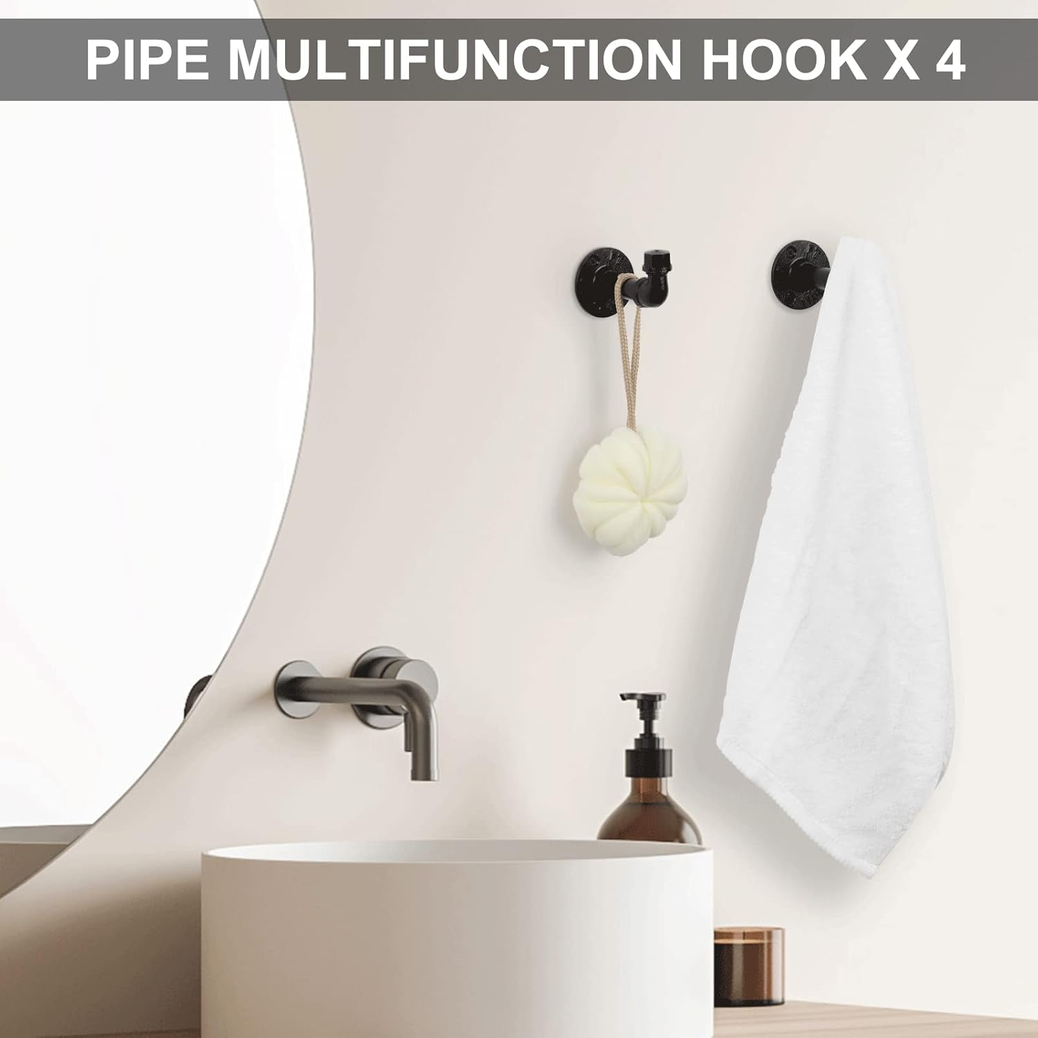 Industrial Bathroom Hardware Set 10 Pieces Bath Towel Bar Set Includes round Towel Ring Hand Toilet Roll Holders for Wall 18 and 25 Inch Towel Rack Robe Towel Hooks Black Bathroom Accessory Towel Kit