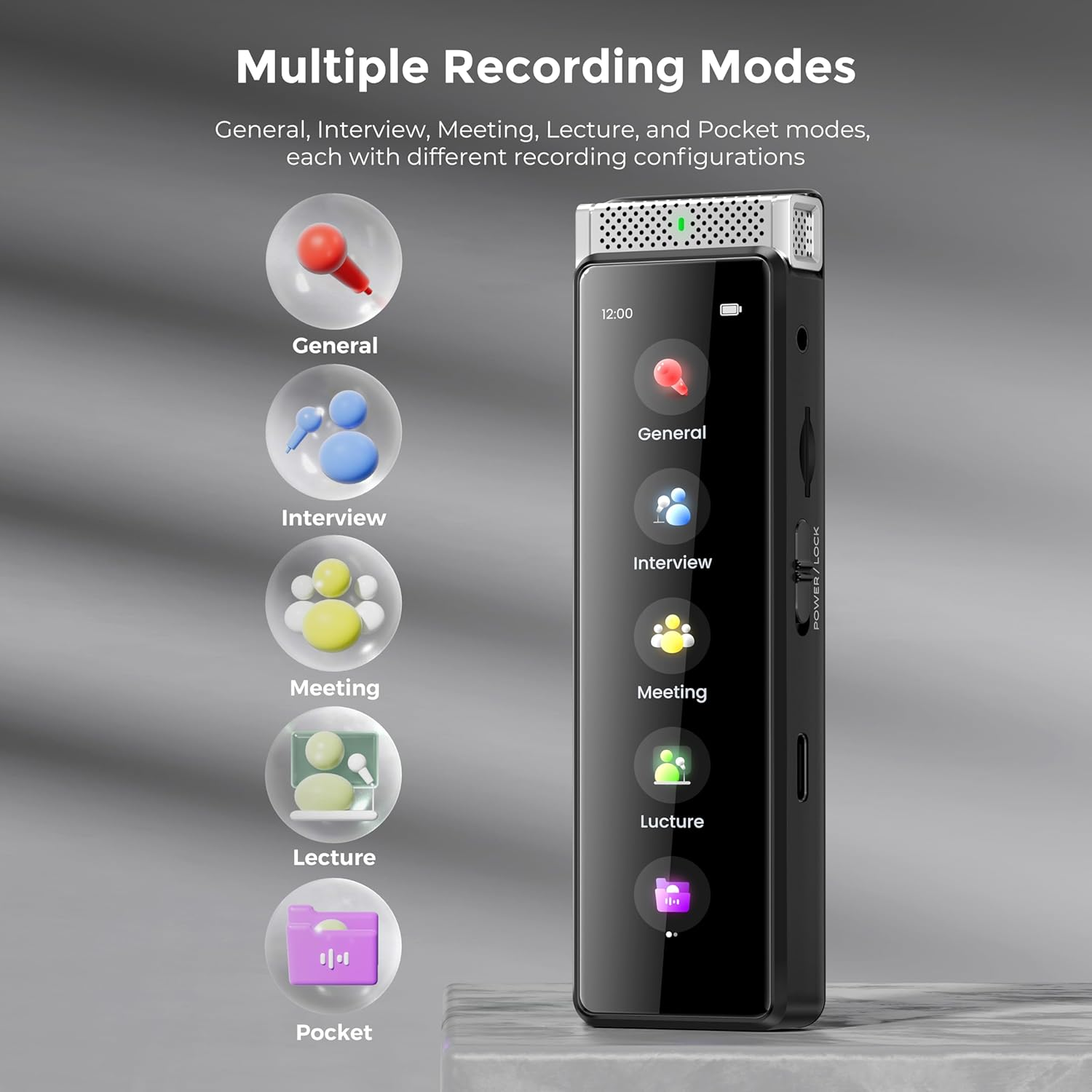 72GB Digital Voice Recorder with Playback, Innioasis R1 Full Touchscreen Voice Recorder with Bluetooth and Intelligent STT Transcription, Voice Activated Sound Audio Recorder Device with Mic (Black) image number 4