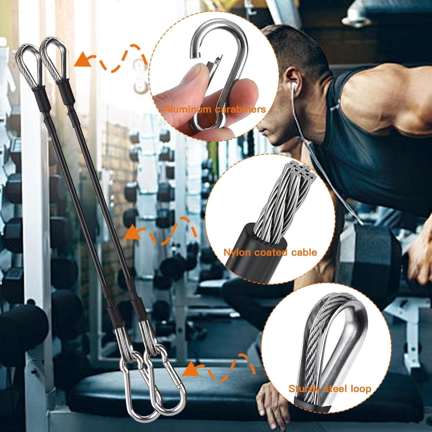 Lexziuo 2PCS Gym Cable Extension Strap with Carabiner, Fitness Pulley Workout Cable for Cable Machine, Home Gym Accessories & Strength Training Equipment, Stainless Steel Connector image number 3