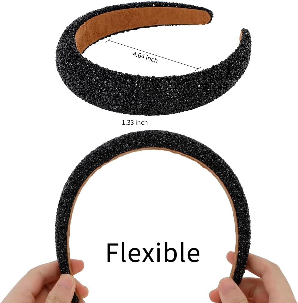 Black Rhinestone Padded Sequin Diamond Glitter Sparkle Jeweled Bling Headbands for Women'S Hair - Black image number 2