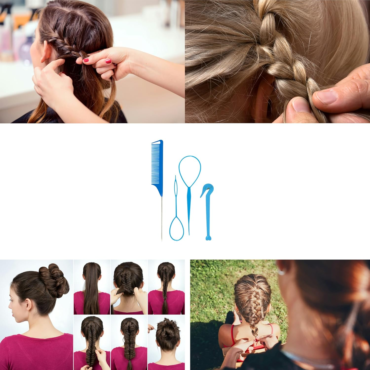 4 Piece Hair Braiding Tool Kit Professional Hair Styling Set for Perfect Braids, Includes Hook, Comb, Clips, and Accessories Ideal for Beginners and Expert (Blue) image number 1