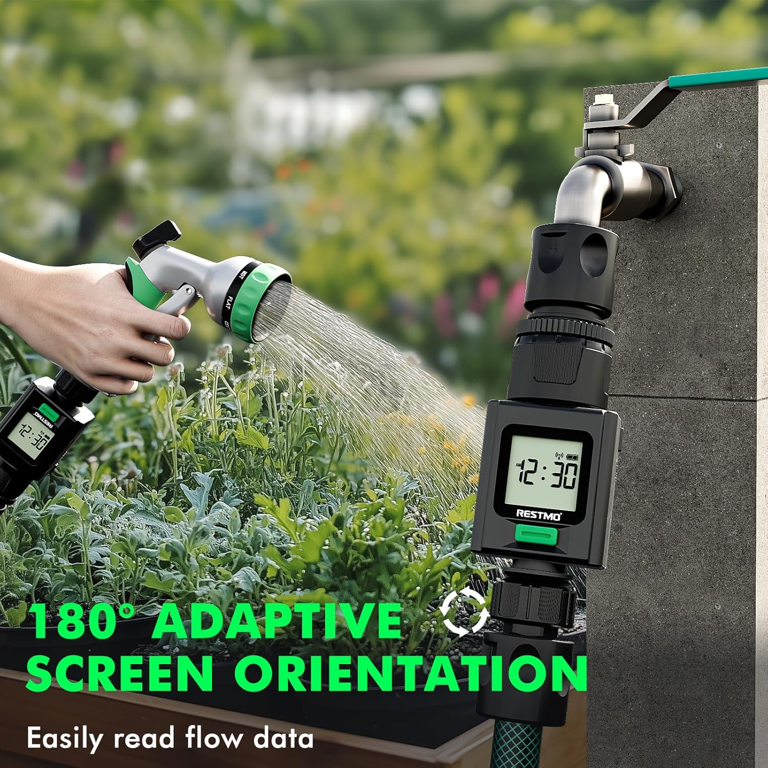 RESTMO Smart Water Flow Meter, 180&deg; Adaptive Garden Hose Tap Meter, Measure Gallon/Liter Consumption and Flow Rate for Outdoor Garden Hose Watering, RV Water Tank Filling, Lawn Sprinkler and Nozzle image number 4