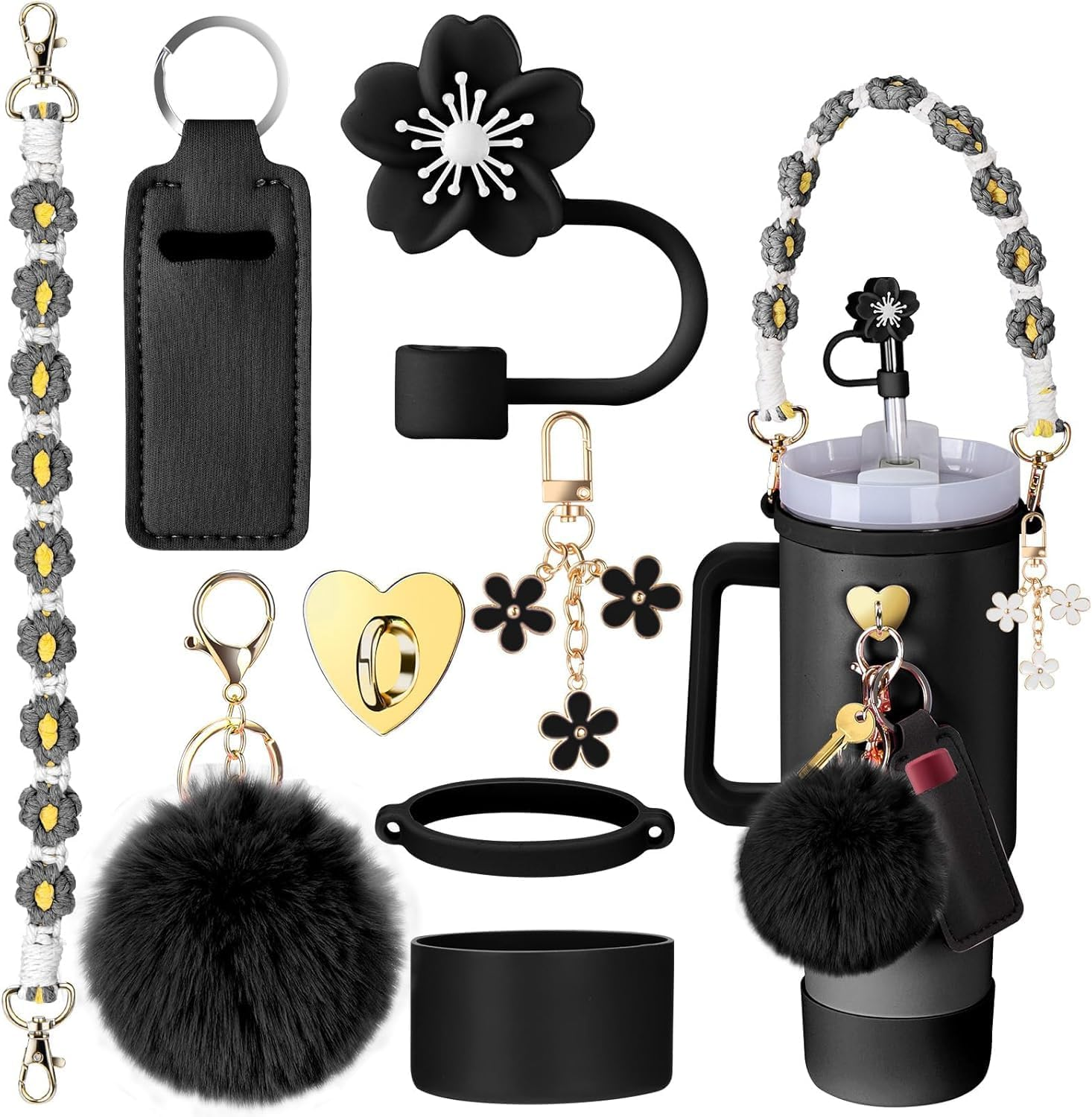 Cup Accessories for Stanley Cup 30Oz 40Oz Tumbler with Handle, Including Water Bottle Handle Strap, Chapstick Holder, Boot, Keychain Charms, Straw Topper Cover Cap for Stanley (Black) image number 2