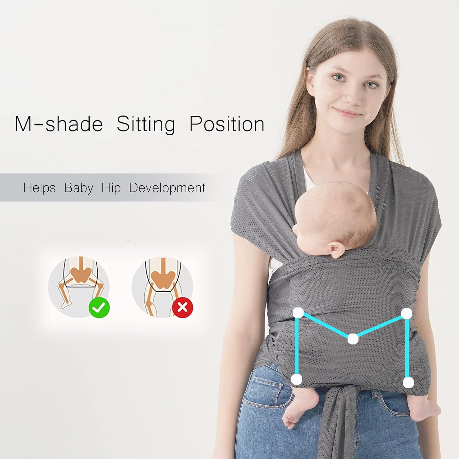 Hilabab Baby Warps Carrier,Softness Organic Cotton,Breathable Adjustable Strap Baby Hold Carrier for Newborn up to 40 Lbs (Air-Mesh Grey) image number 2