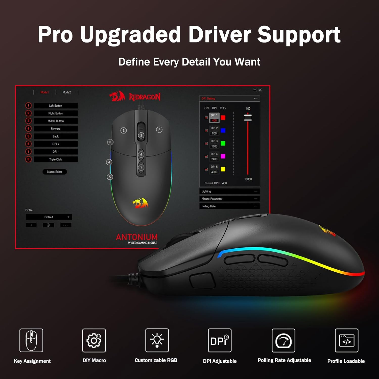 Redragon M719 Antonium RGB Gaming Mouse, 10,000 DPI Optical Wired Mice with 8 Programmable Buttons & 8 Backlit Modes, Software Supports DIY Keybinds Rapid Fire Button image number 3