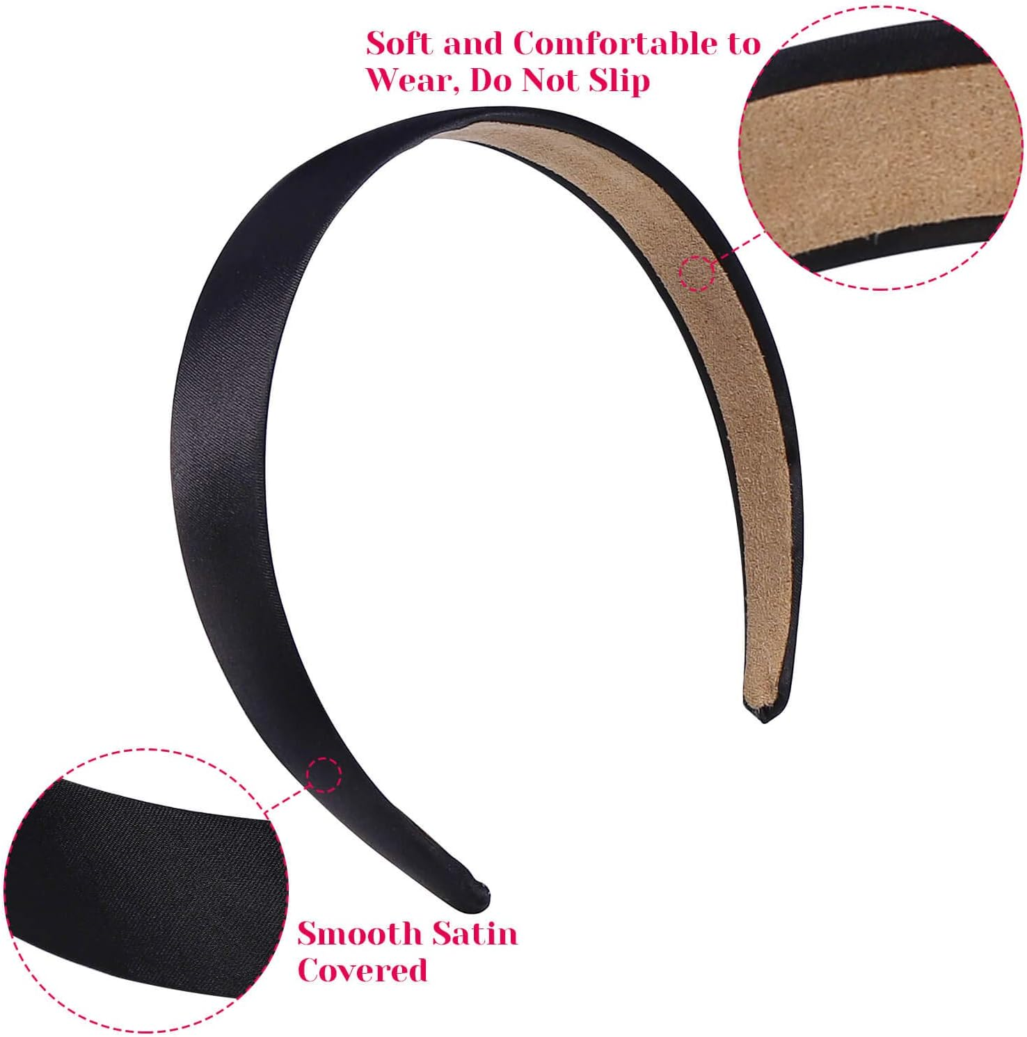 Anezus 16 Pcs Satin Headbands 1 Inch Anti-Slip Black Ribbon Hair Bands for Women Girls DIY Craft Hair Accessories image number 6