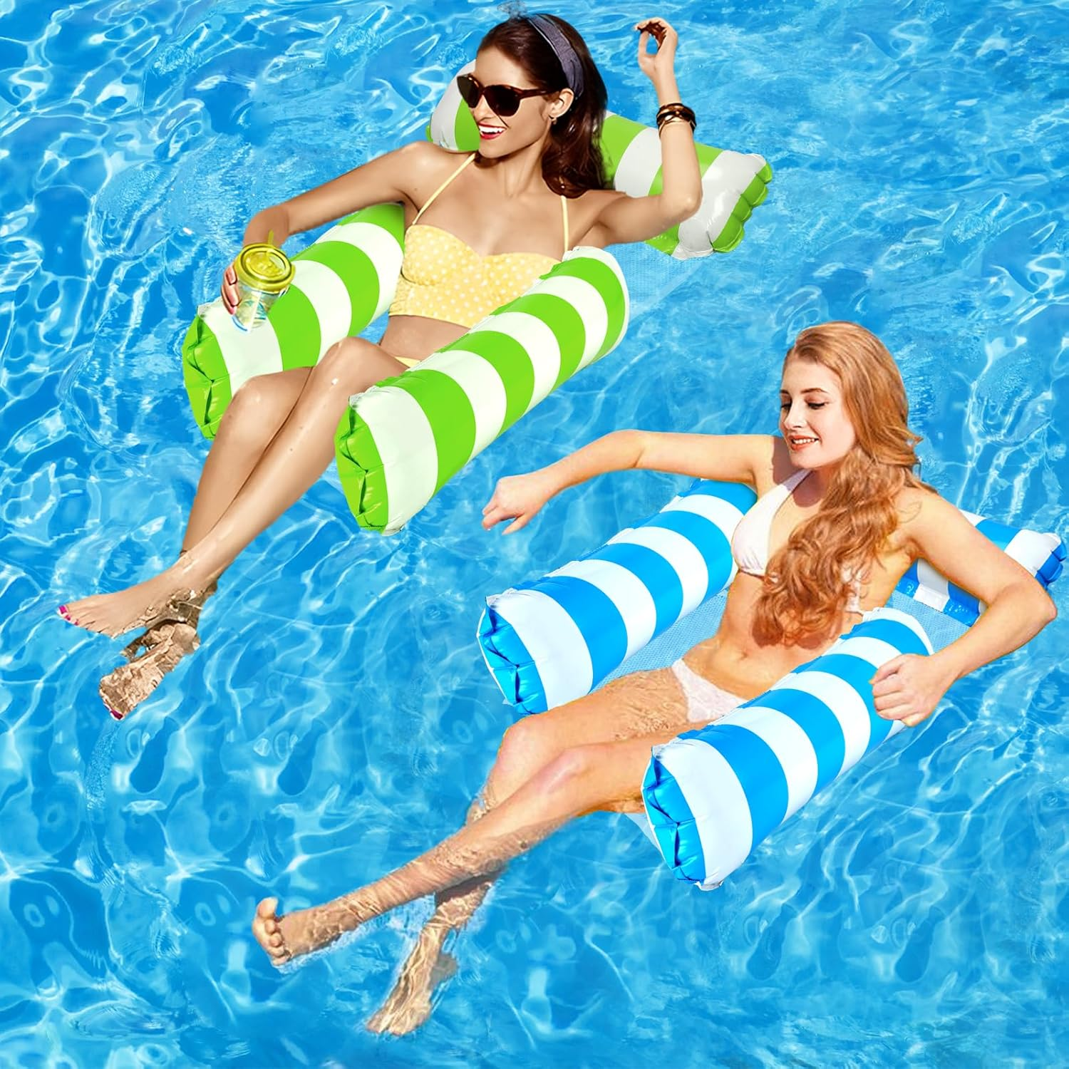 2 Pack Inflatable Pool Floats 4-In-1 Pool Hammock with Bottom Mesh 3 Tubes Inflatable Hammock for Adults,Portable Floating Chair Bed for Travel, Swimming Pool Hot Tub - Blue+Green image number 6