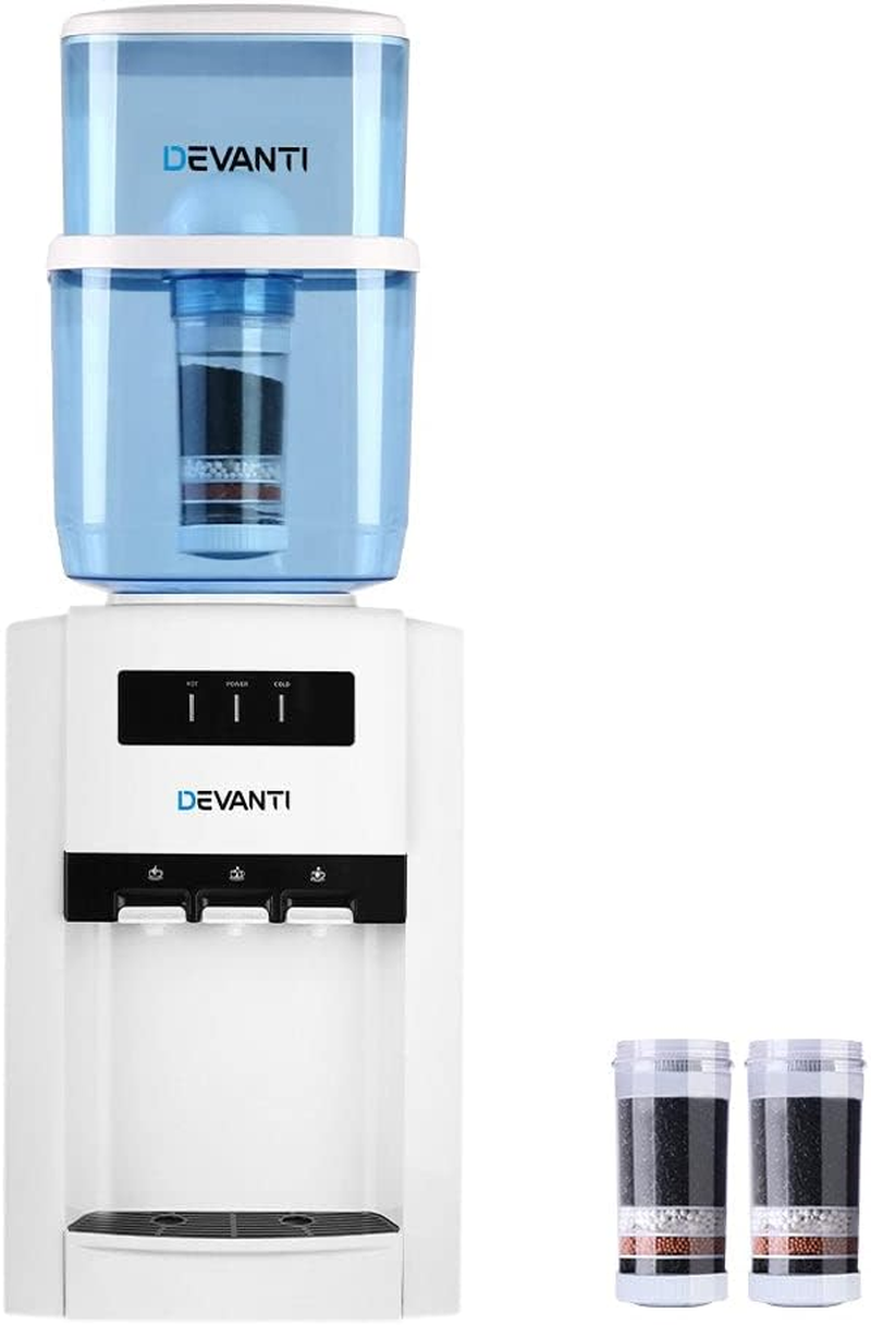 Devanti Water Dispenser Top Loading Cooler for Office Home Living Room Indoor, Portable Cold Hot Chiller Purifier 22L with Filter Bottle, Benchtop White 3 Temperature Settings