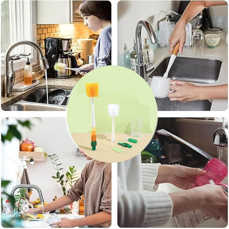 WEZCHUGHAOL 5-In-1 Water Bottle Cleaning Brush Set, Detachable Straw Cleaner, Cup Lid Gap Brush Kit (White-Orange) - White-Green image number 3