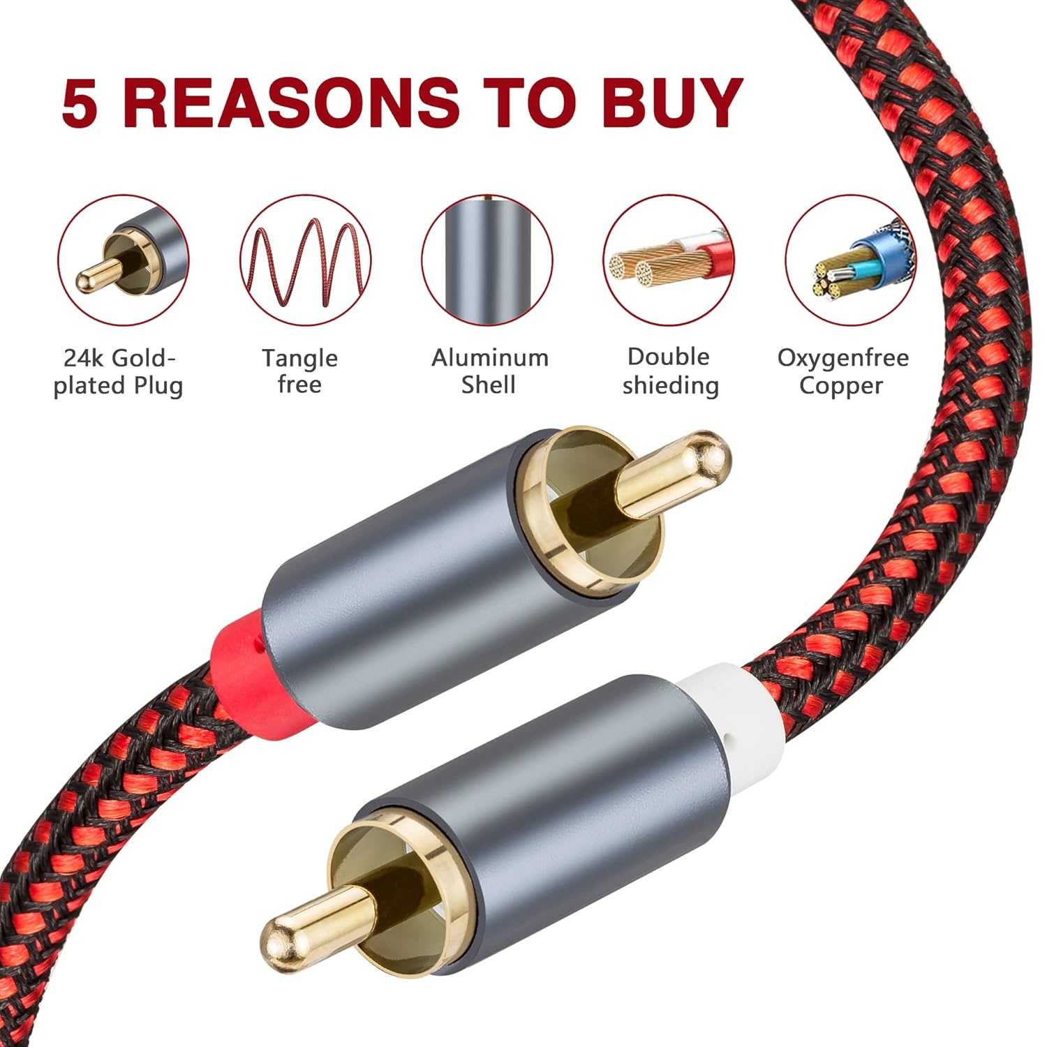 GESSEOR RCA Cable 6 Ft 2RCA to 2RCA Cable 2Rca Male to 2-RCA Male Audio Stereo Subwoofer Cable Nylon-Braided Auxiliary Audio Cord for Home Theater, HDTV, Amplifiers, Hi-Fi