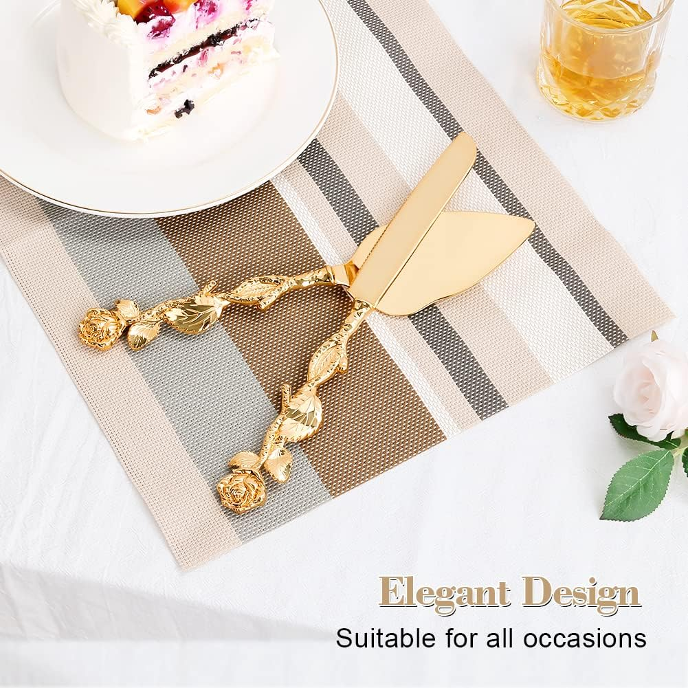 Cake Cutting Set for Wedding, Personalized Gold Cake Knife and Server Set, Custom Cake Serving Set, Engraved Pastry Pie Server Cake Pizza Cutter, Birthday Bridal Gift (F-Rose), GF678