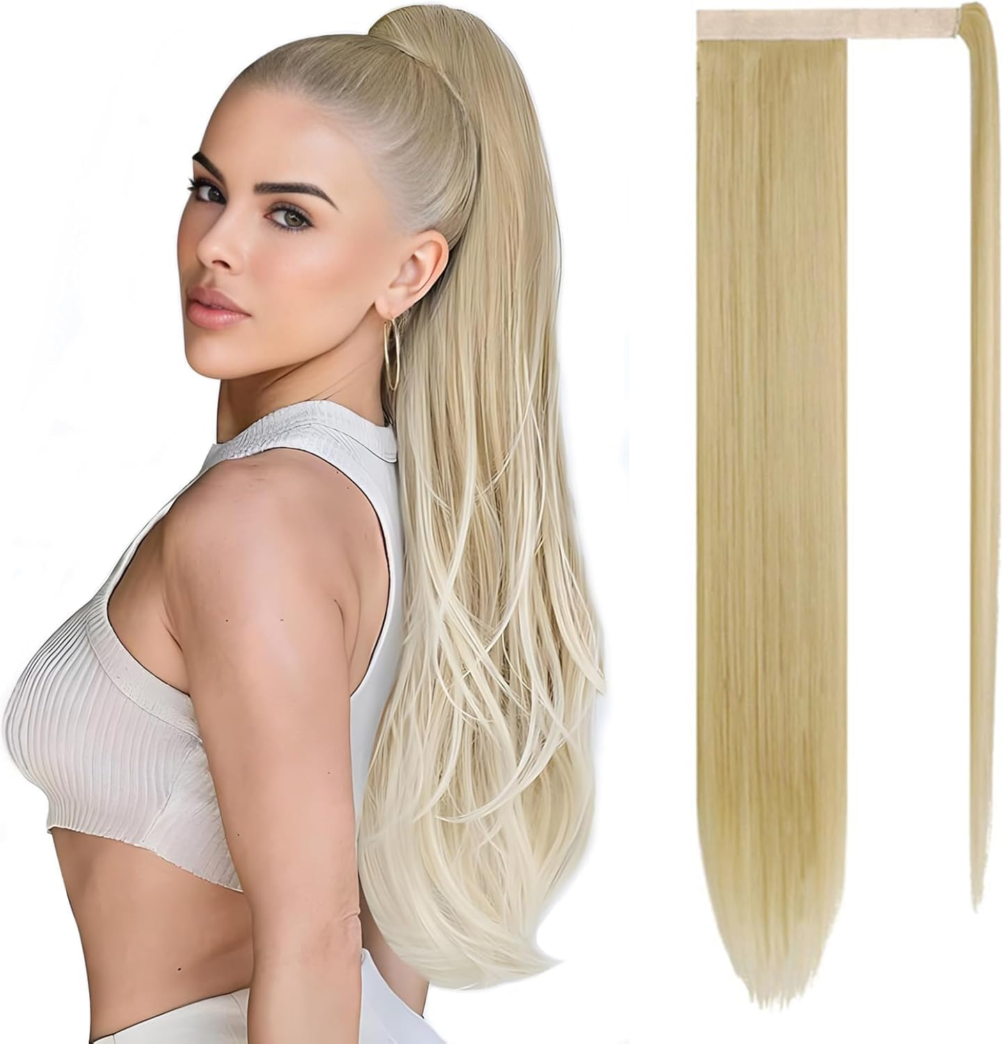 Ash Blonde Ponytail Extension 60Cm Long Straight Wrap around Clip in Synthetic Fiber Hair Ponytail Hair Extensions Hairpiece for Women Girls Daily Wear,120G