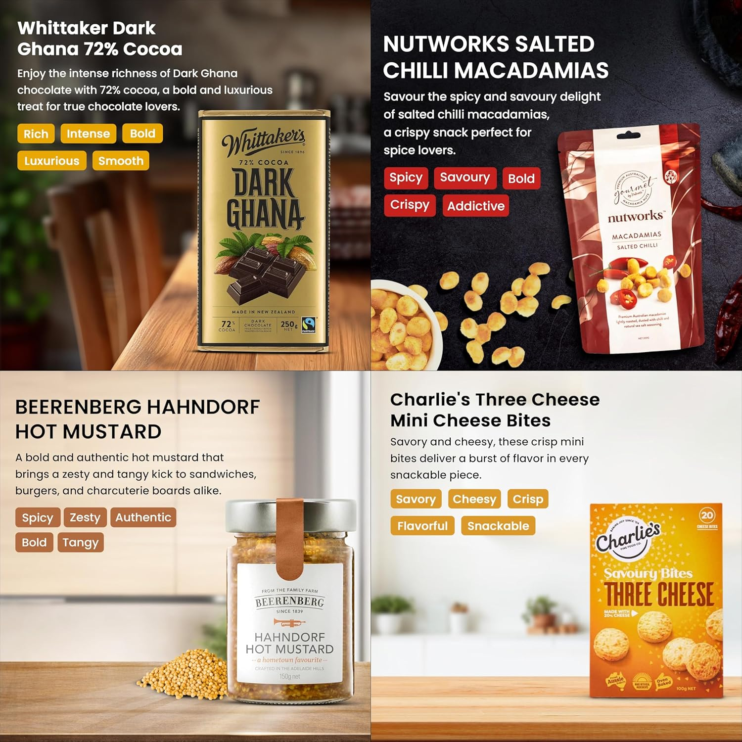 Gourmet Hamper, Luxury Gift Hamper with Hot Mustard, Peri Peri Sauce, Cheese Bites, Salted Chilli Macadamias, and Dark Chocolate image number 4