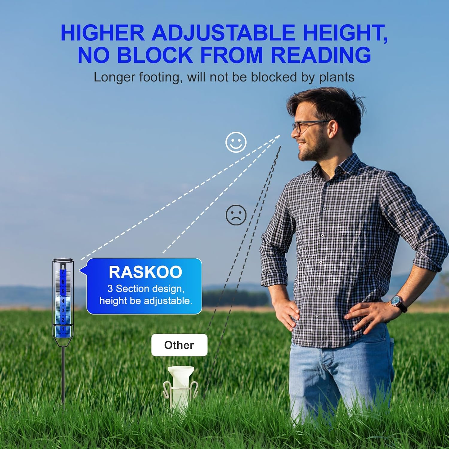 Upgraded Rain Gauge, Freeze Proof Rain Gauge Outdoor Best Rated, Large Numbers Rain Gauges for Yard with Stake, Adjustable Height Rain Measuring Tool for Garden, Lawn, Easy to Install