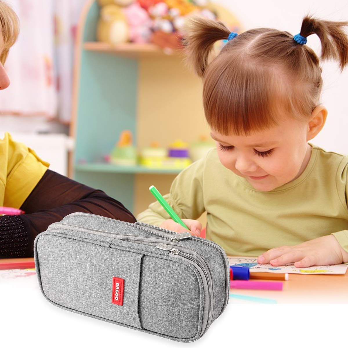 Isuperb Pencil Case Large Capacity Student Canvas Pencil Case Storage Bag Double Zipper Pencil Box for School, Light Grey, Modern image number 6