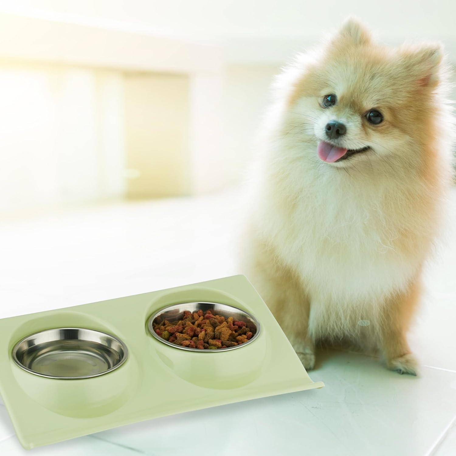 Relaxdays Double Bowl, 2 Feeding Bowls, 150 Ml, Cat Feeding Bowl Set, Raised Water Bowl, H X W X D 6.5 X 29 X 19 Cm, Green/Silver image number 3