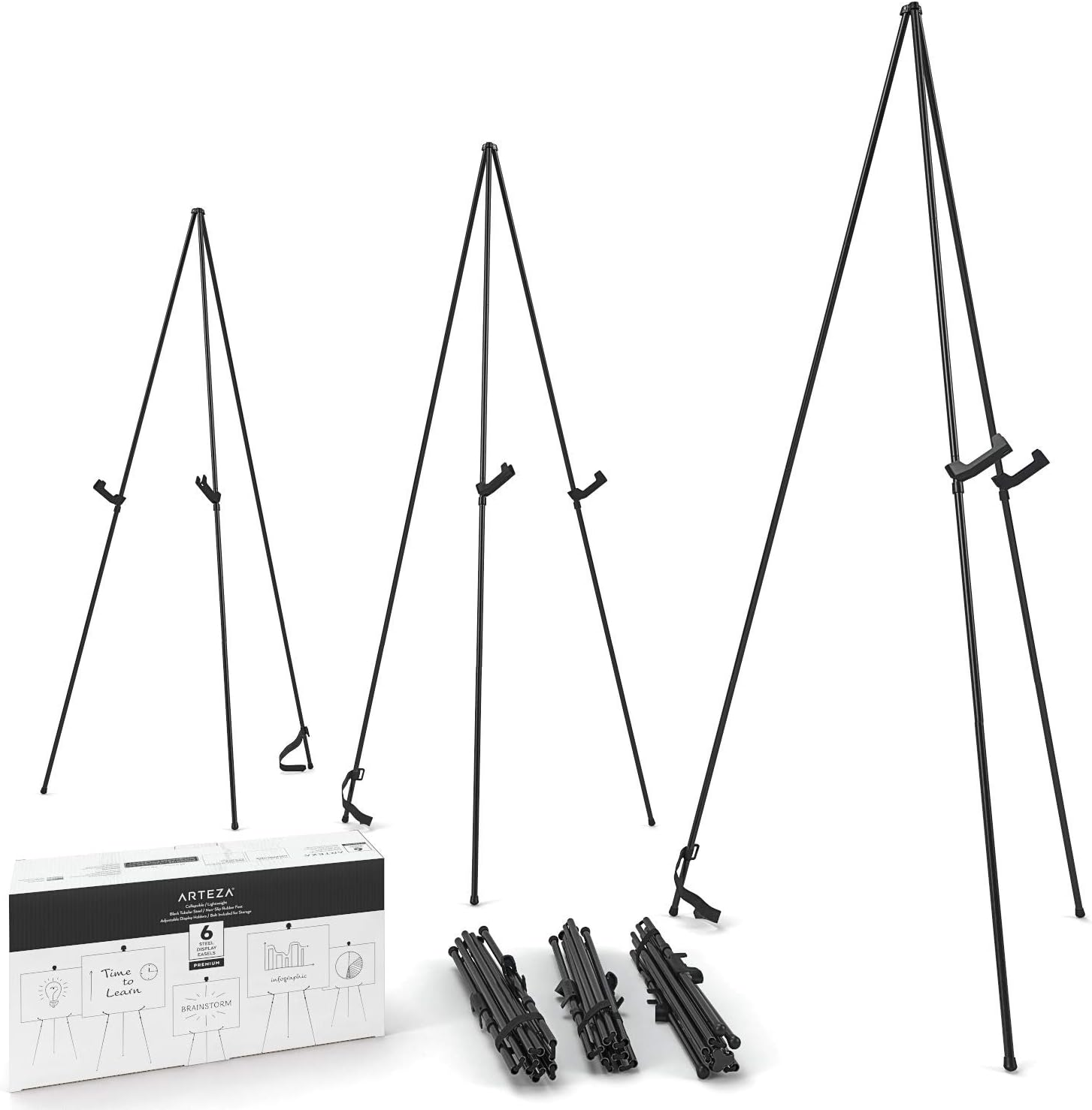 ARTEZA Black Steel Display Easel, 63" Tall, Pack of 6, Portable, Easy Assembly, Sturdy, Ideal for Trade Shows, Presentations, Posters, Art Displays, and Canvases