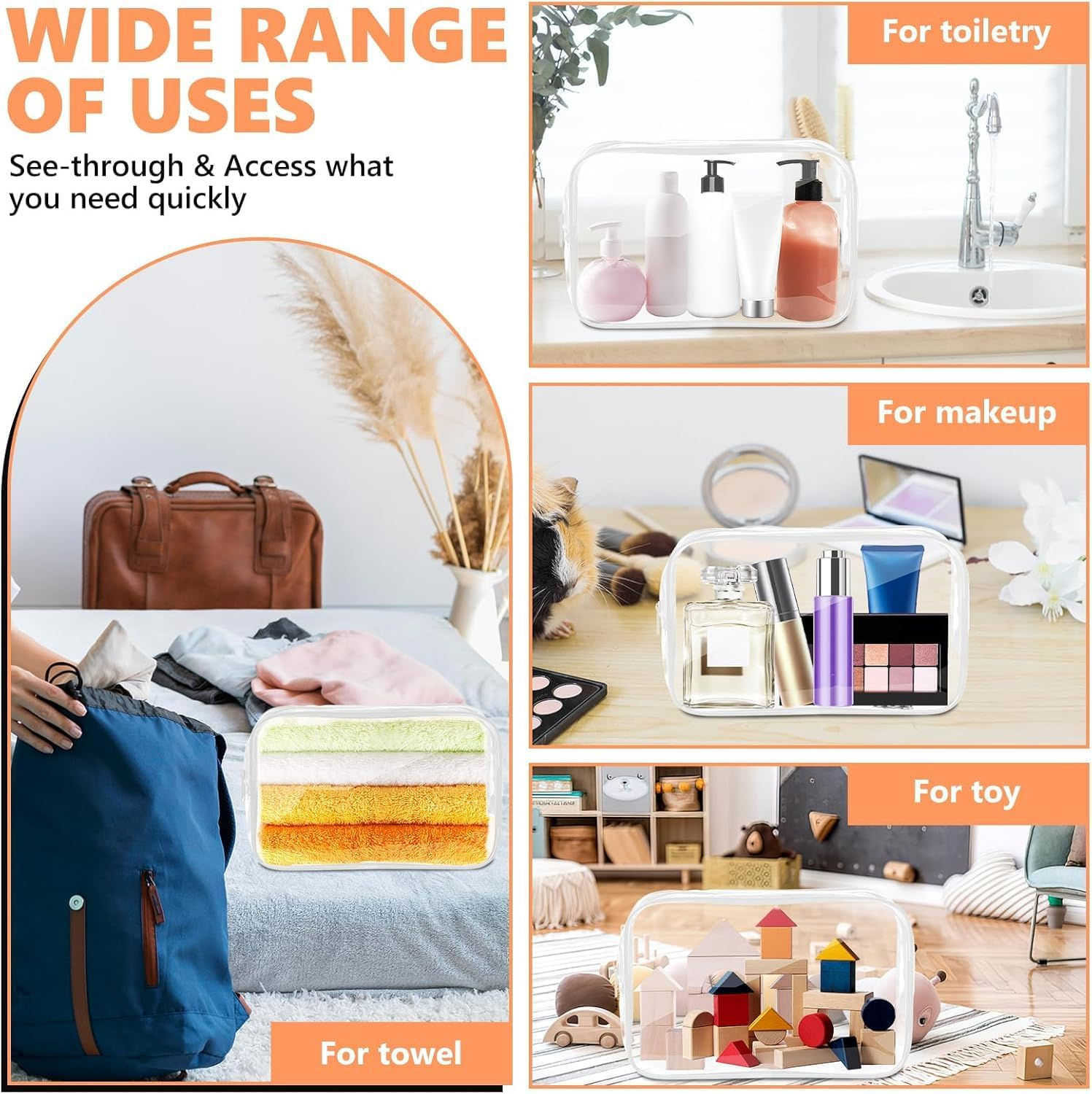 MKUCCD 3Pcs Transparent Toiletry Bag, Transparent Cosmetic Bag with Zipper, TSA Certified Travel Bag, Women'S Travel Cosmetic Bag, Transparent PVC Bag, Portable Travel Duffel Bag (2White 3 Pack) image number 6