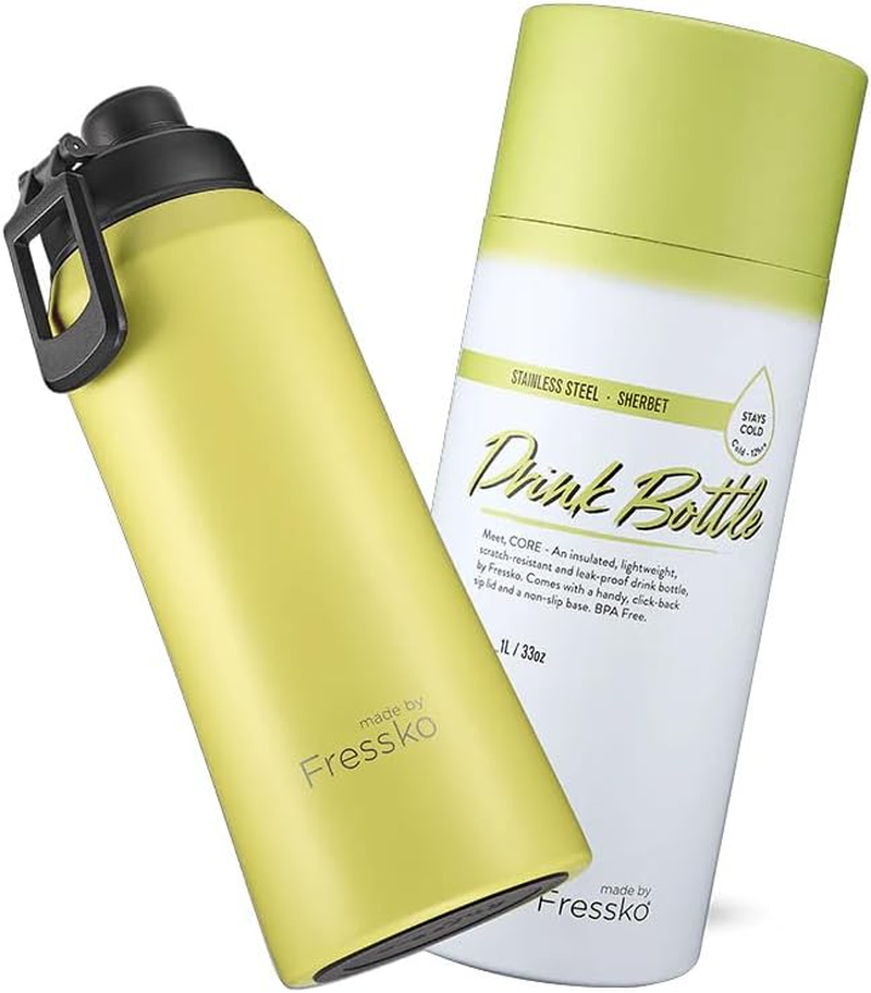 Made by Fressko | Core Wide Mouth Insulated Stainless Steel Water Bottle- Sherbert | with Sip Lid | 34Oz 1L |Bpa-Free | Leak Proof Lid