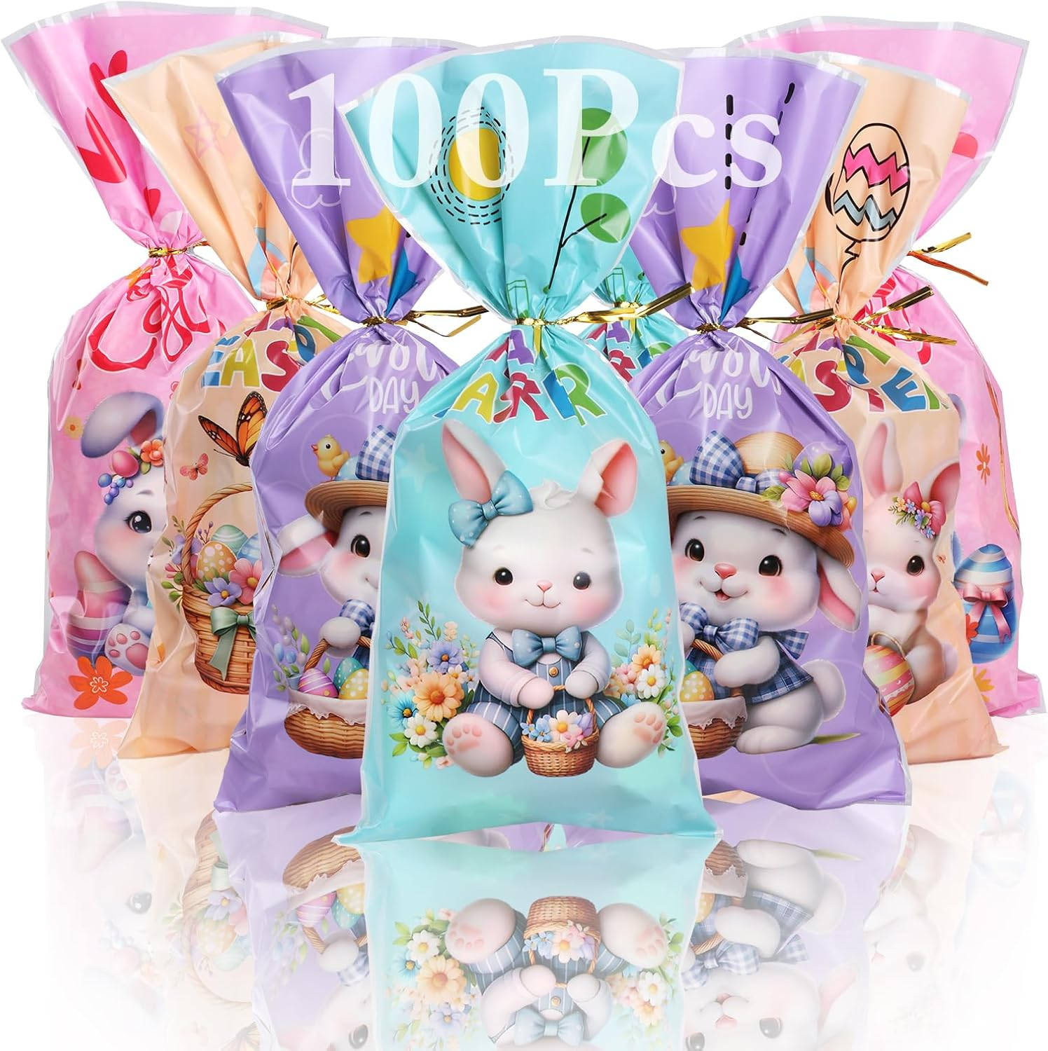 100 Pieces Gift Candy Bags, KIKISML Easter Party Favor Gift Bags with Strapping Ties, Color Bags Treat Bags Goody Bags for Wedding, Birthday, Party Supplies and Gifts