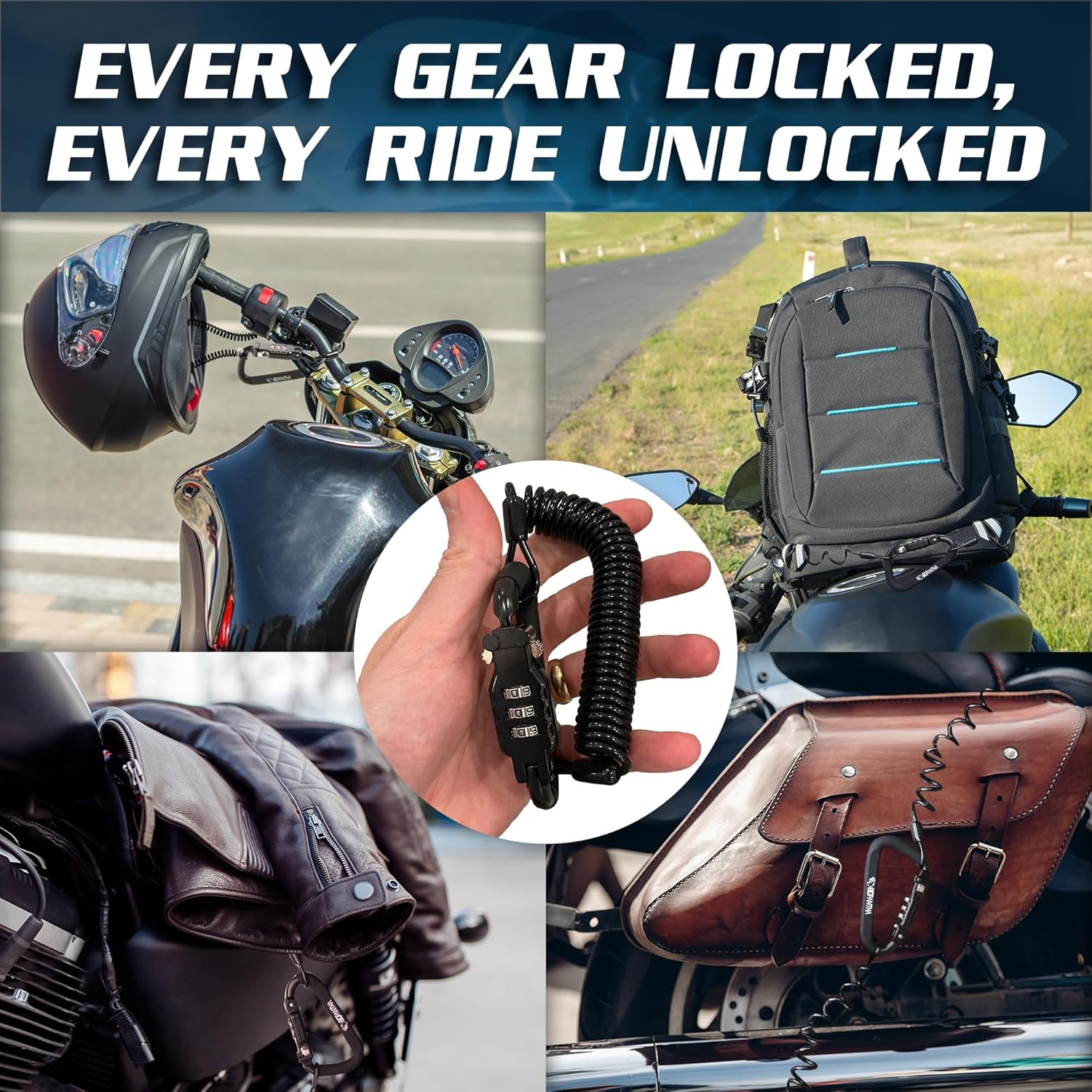 Motorcycle Helmet Lock & Cable. Sleek Black Tough Combination PIN Locking Carabiner Device Secures Your Motorbike Bicycle or Scooter Crash Hat (And Jacket) to Your Bike From