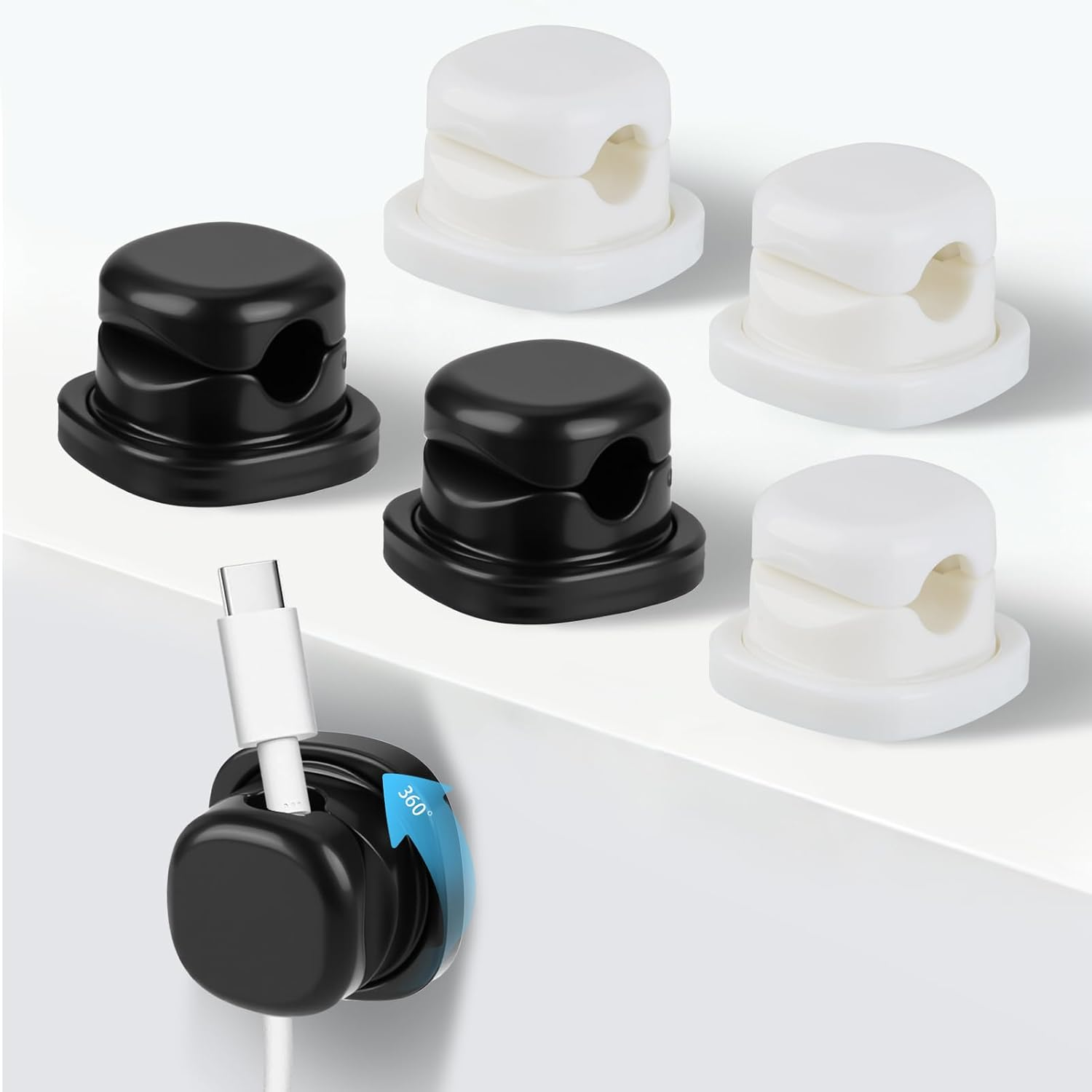 360&deg; Rotatable Cable Organiser 6Pack - ABS Spring Cord Clips, Acrylic Adhesive Cable Holder, Desk Management under Desk, Compact Tidy for Room Office Usb/Charging Wires (Black and White Combination)