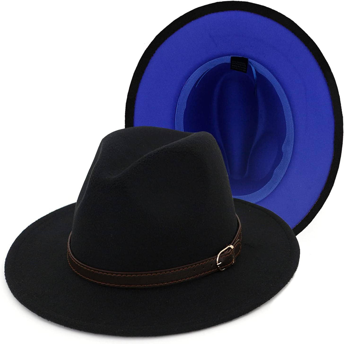 Gossifan Womens & Mens Two Tone Wide Brim Fedora Hats with Classic Belt Patchwork Felt Hats