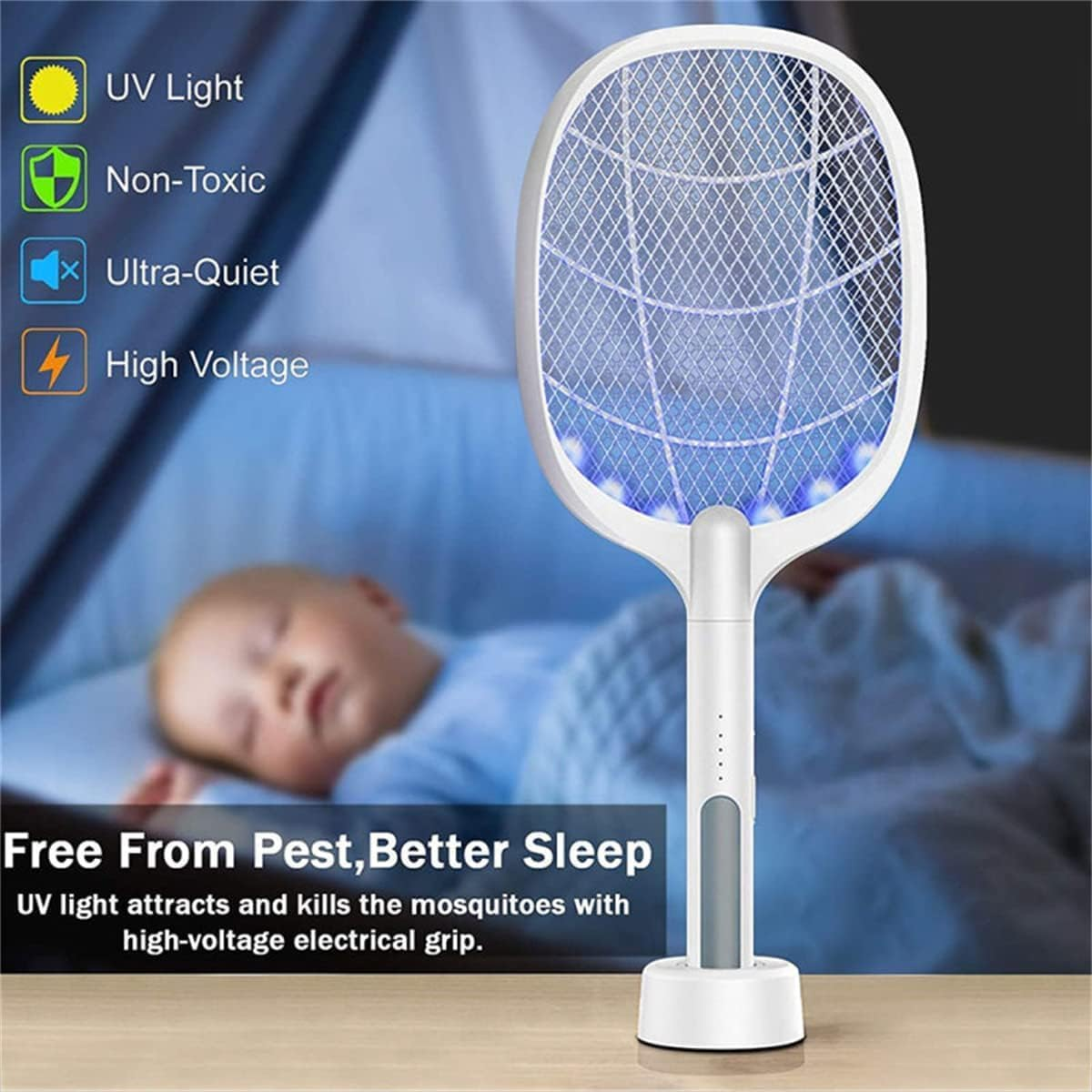 Electric Fly Swatter Racket, 2 in 1 Foldable Bug Zapper Racket and Mosquito Zapper Racket, USB Rechargeable Electric Fly Swatter Lamp & Racket image number 1