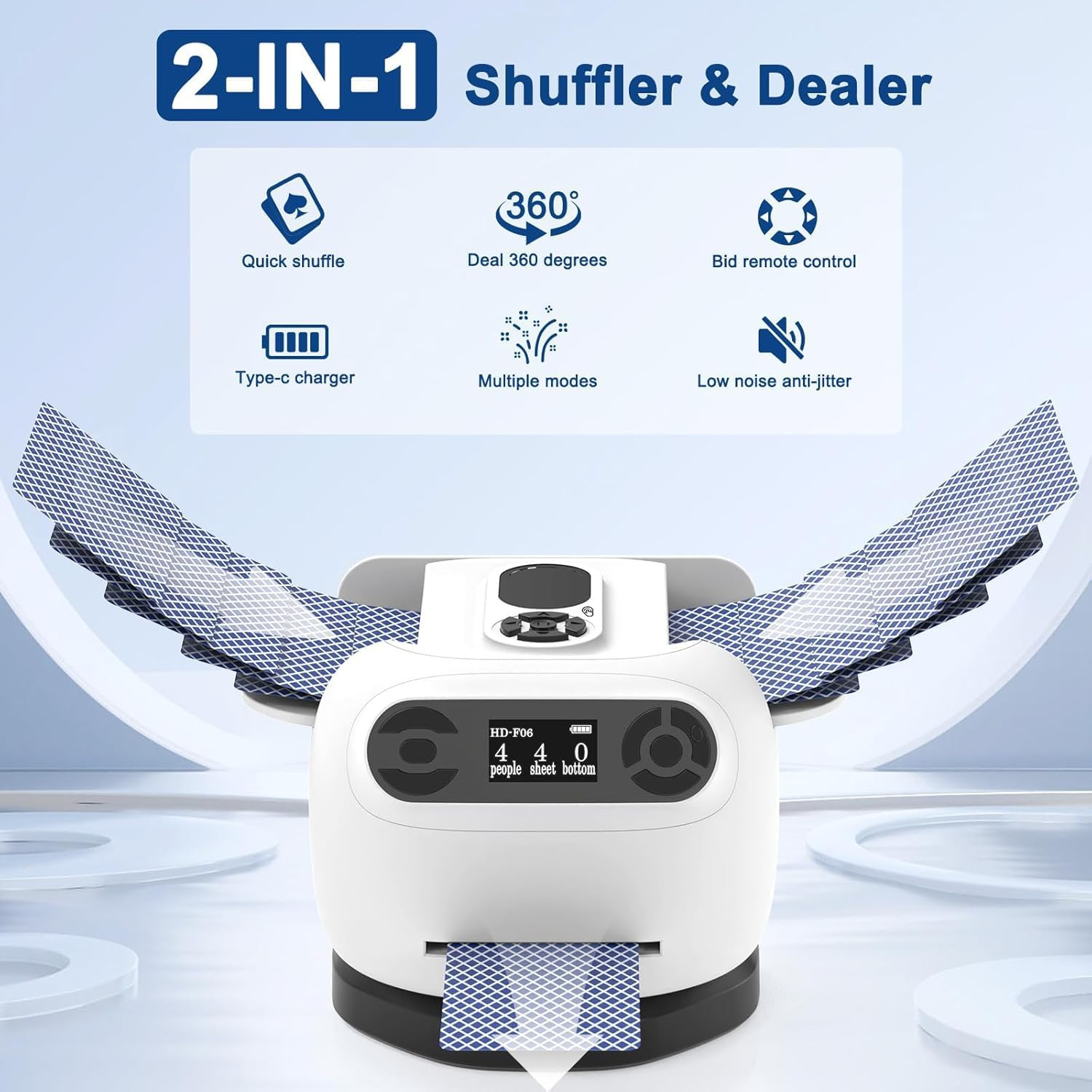 Quintin 2-In-1 Automatic Card Shuffler and Dealer with 360&deg; Omnidirectional Dealing, Multi-Size Card Compatibility, Low Noise Turbo Shuffling, Portable for 8 Players, 2025 Version (White) image number 5