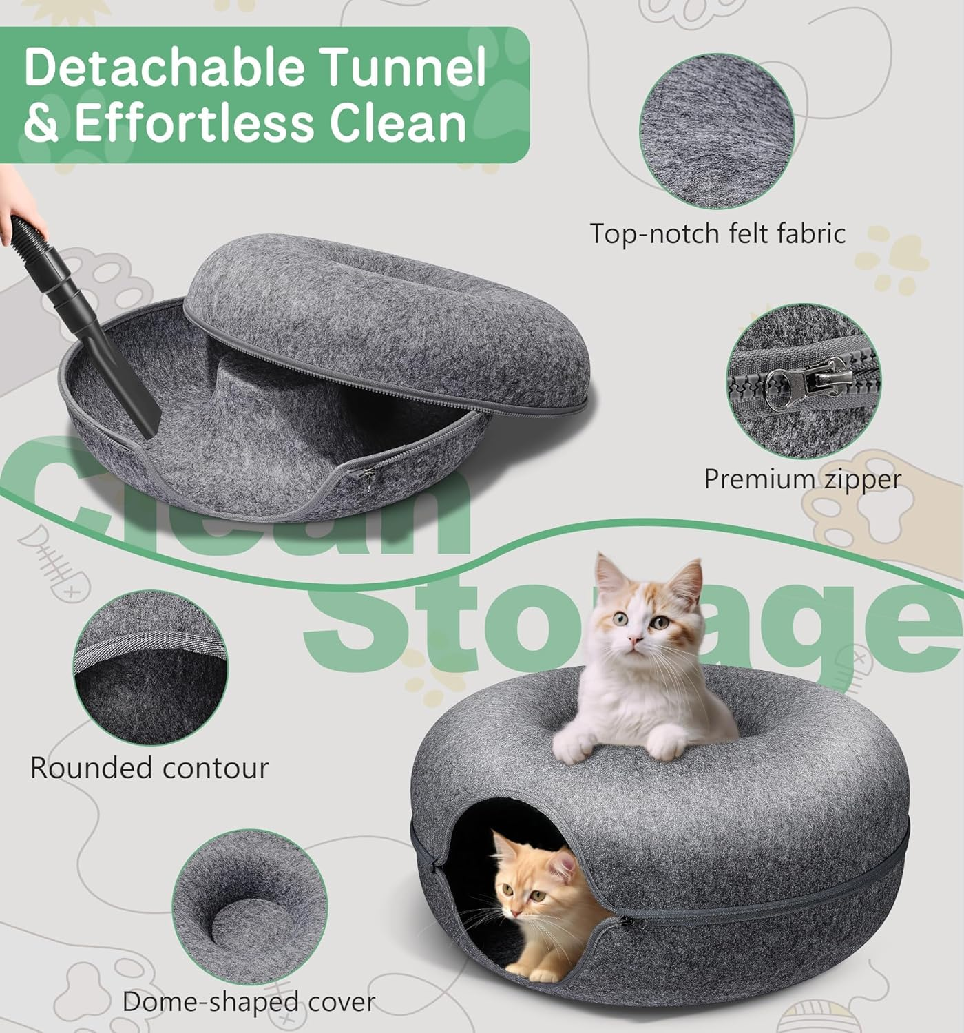 Cat Cave for Multiple/Large Cats up to 9 Lbs, Tunnel Bed, Scratch Detachable and Washable Large Donut Bed (Light Grey, L (24 * 24 * 11Inch)) image number 4